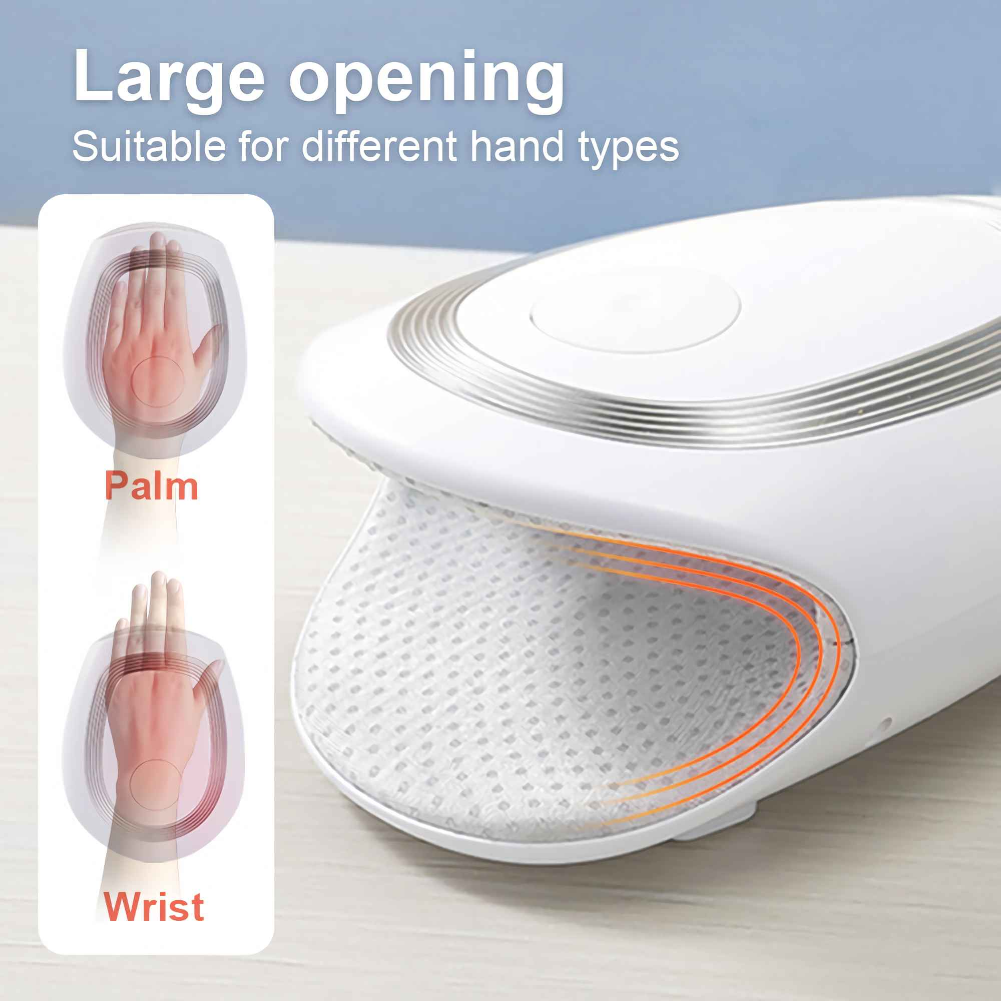 Ein weißes Handmassagegerät mit großer Öffnung. Illustrationen zeigen die Platzierung von Handfläche und Handgelenk. Text lautet 'Große Öffnung'.