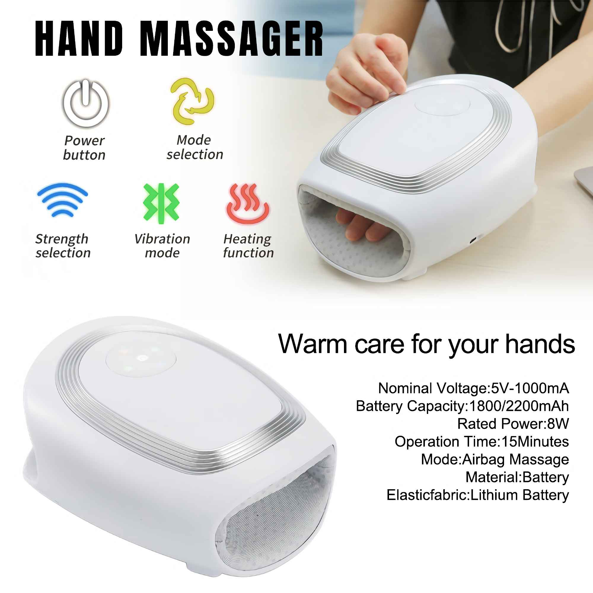 Weißes Handmassagegerät mit Symbolen für Strom, Modus, Stärke, Vibration und Heizung. Text: 'Warme Pflege für Ihre Hände'.
