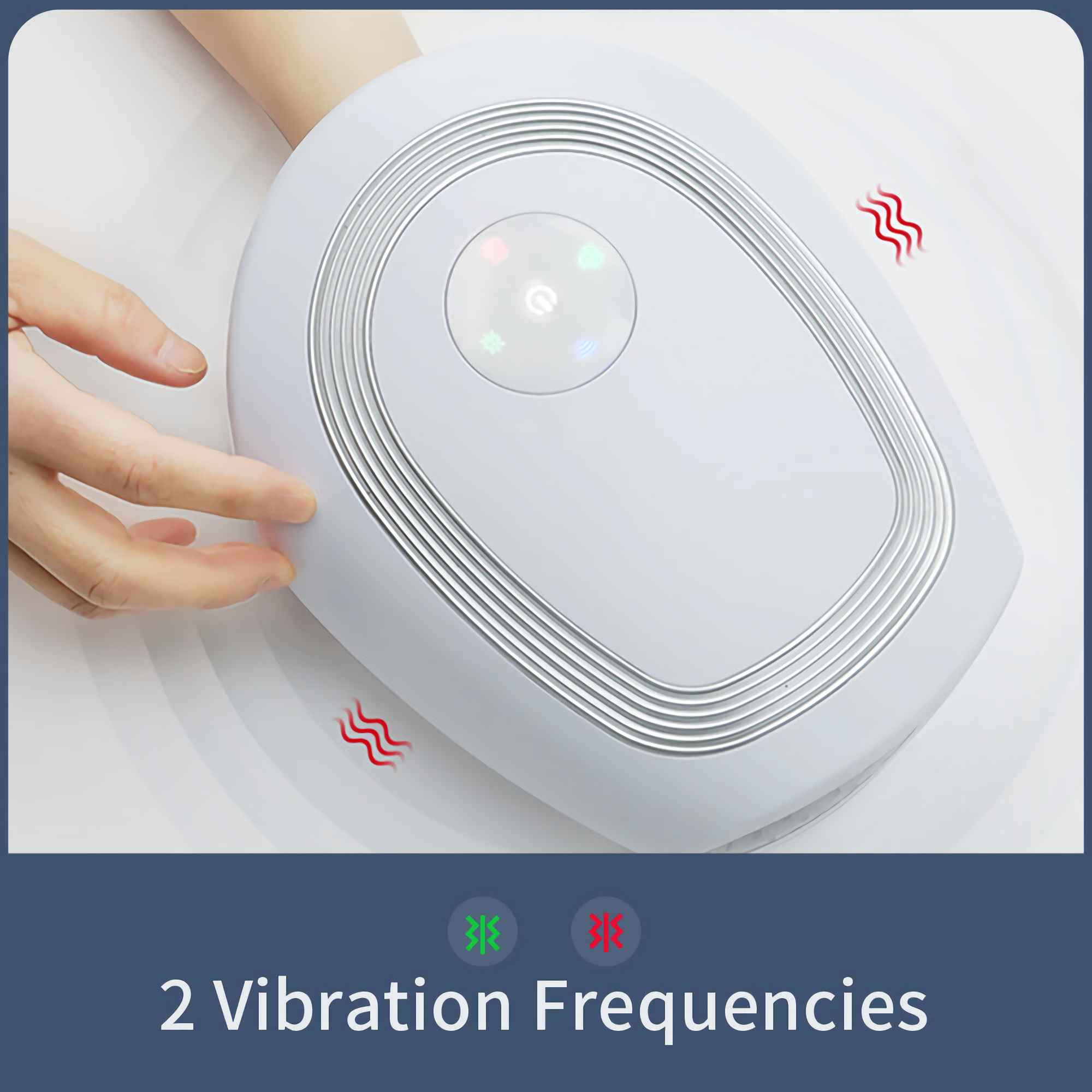 Eine Hand berührt ein weißes Gerät mit einer Taste und Lichtern. Rote Wellensymbole befinden sich auf der Oberfläche, und 2 Vibrationsfrequenzen darunter.