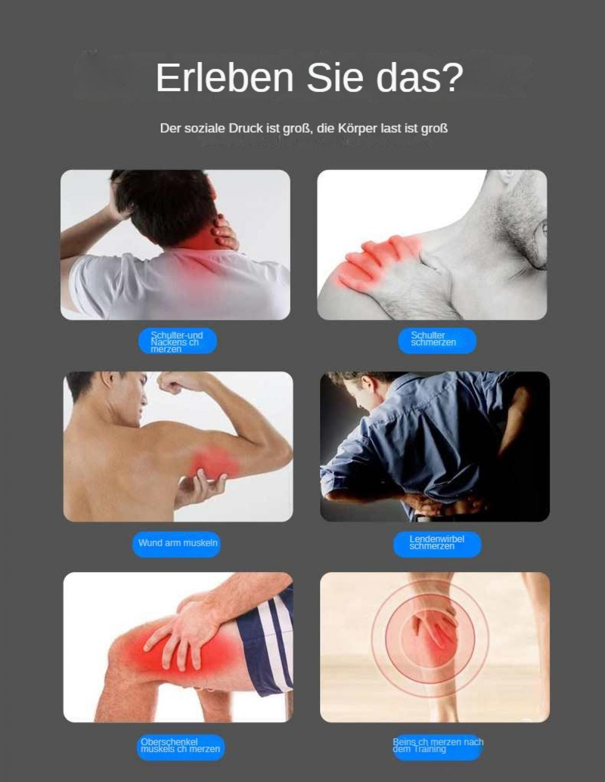 Das Bild zeigt Körperbereiche mit Schmerzen: Nacken, Schulter, Arm, Rücken, Oberschenkel und Knie. Deutscher Text beschreibt die Bereiche.