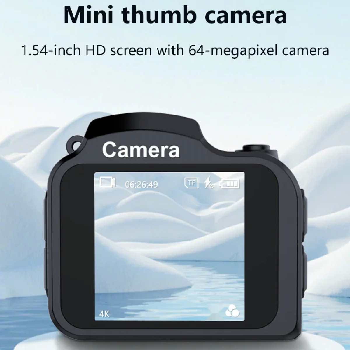 Eine schwarze Mini-Daumenkamera mit Bildschirm, der Zeit und Akku anzeigt. Text oben lautet 'Mini-Daumenkamera' und technische Daten.