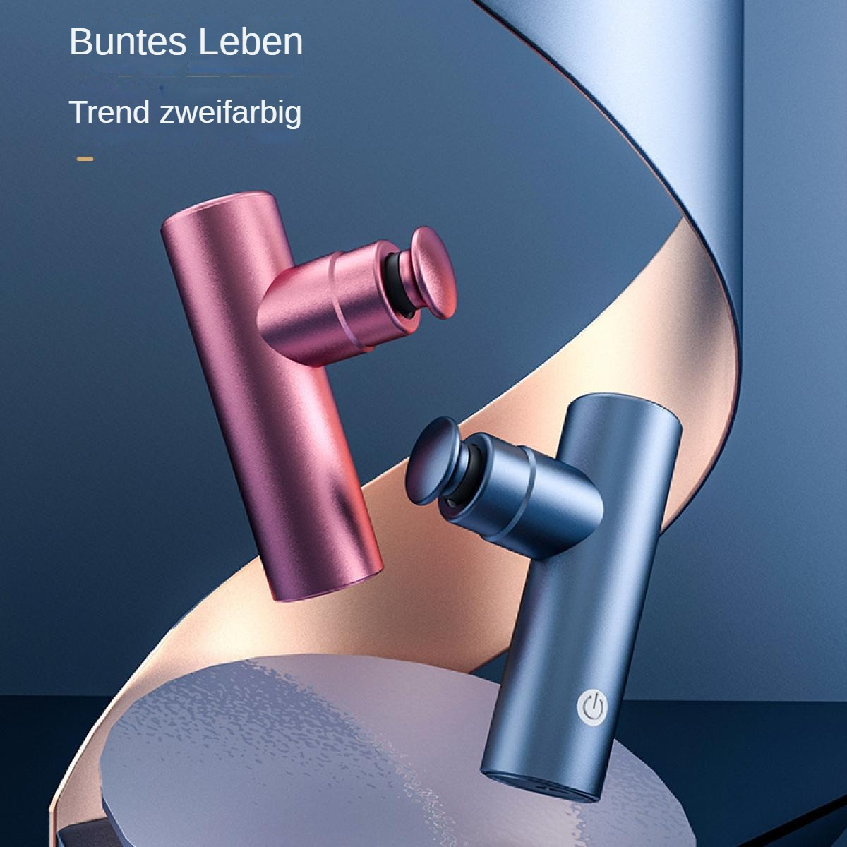 Zwei Massagegeräte, eines rosa und eines blauen, auf blau-kupferfarbenem Hintergrund. Text lautet 'Buntes Leben, Trend zweifarbig'.