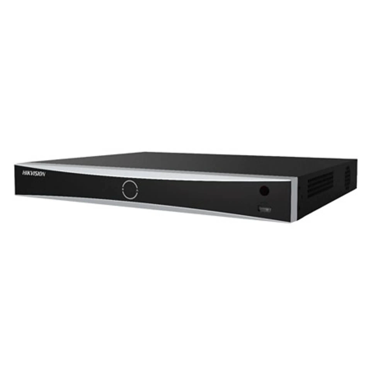 Siyah bir Hikvision dijital video kaydedici. Üstte gümüş renkli bir şerit, dairesel bir düğme ve solda marka adı bulunuyor.