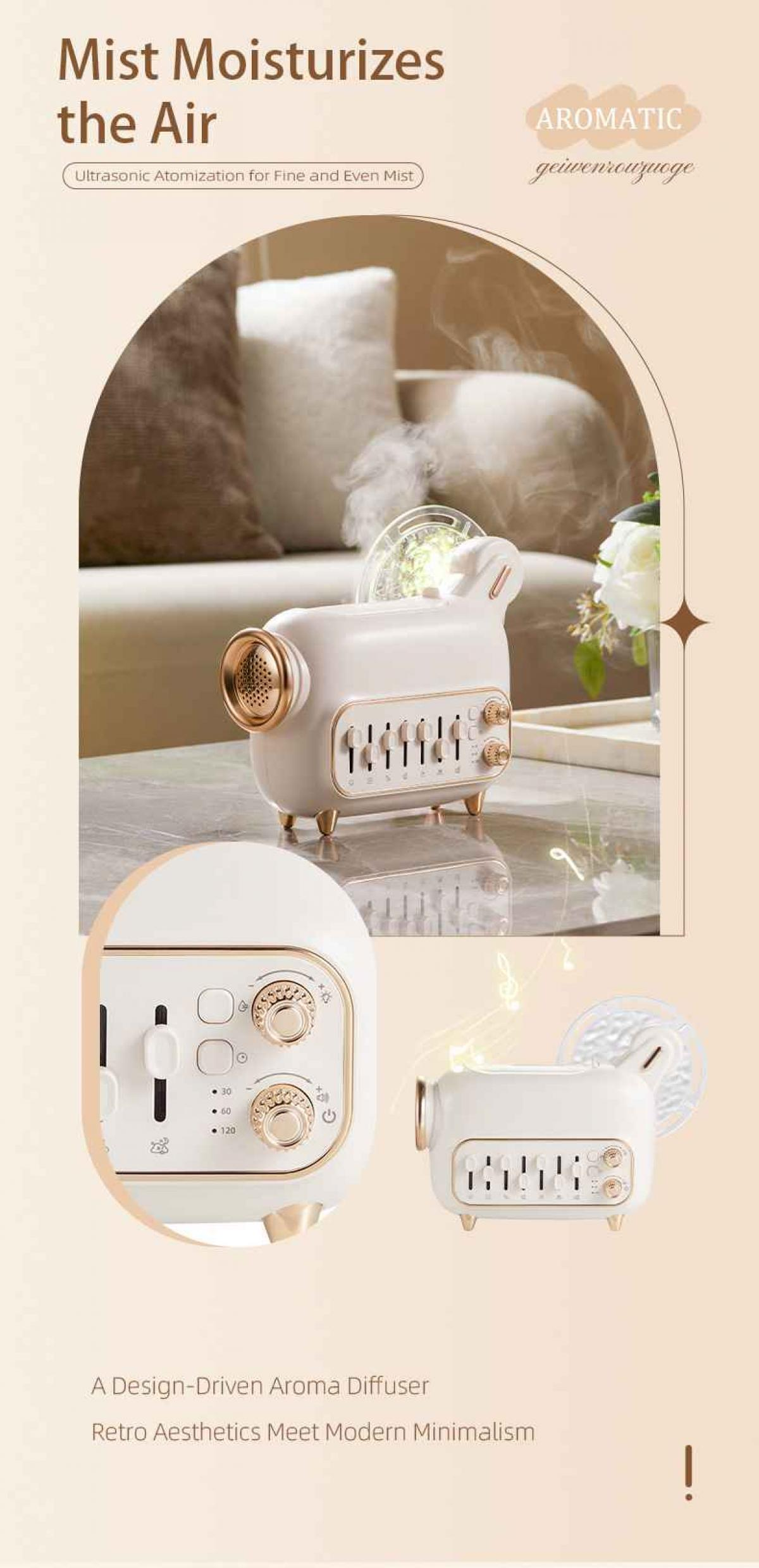 Ein weißer und goldfarbener Aromadiffusor steht auf einem Tisch. Nebel kommt heraus. Er hat ein Retro-Design.