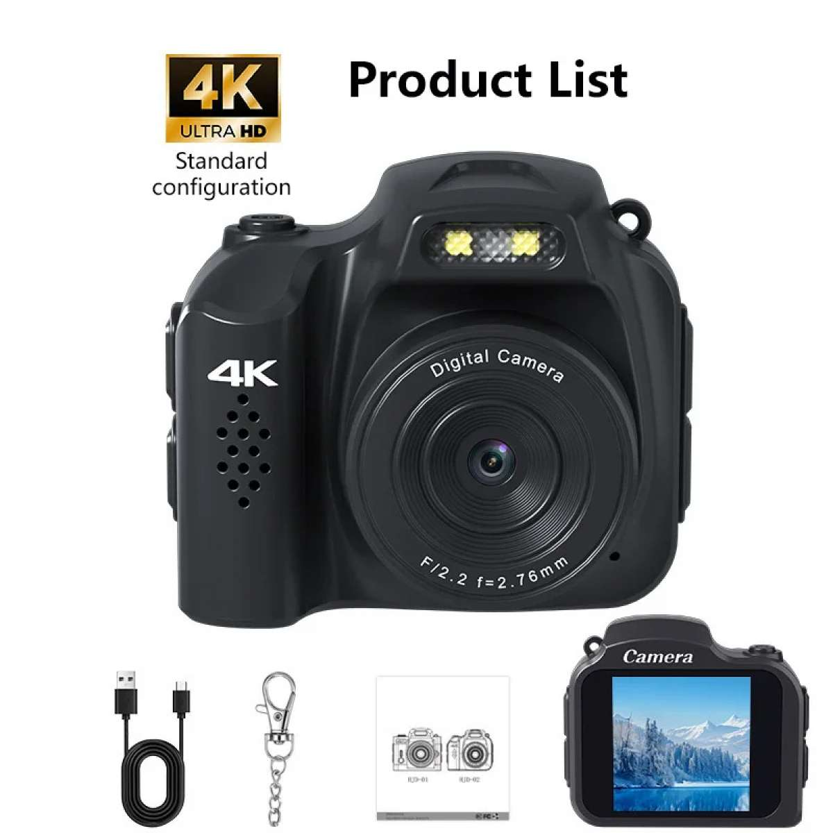 Eine schwarze 4K-Digitalkamera mit Zubehör wie einem USB-Kabel, einem Schlüsselanhänger, einer Bedienungsanleitung und einer kleinen Kamera.