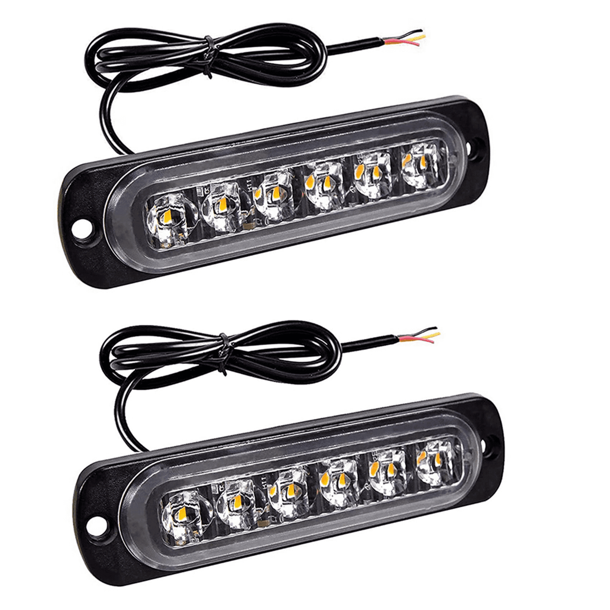 Zwei schwarze LED-Lichtleisten mit klaren Linsen und gelben Lichtern. Schwarze Drähte mit freiliegenden farbigen Drähten gehen von jedem aus.