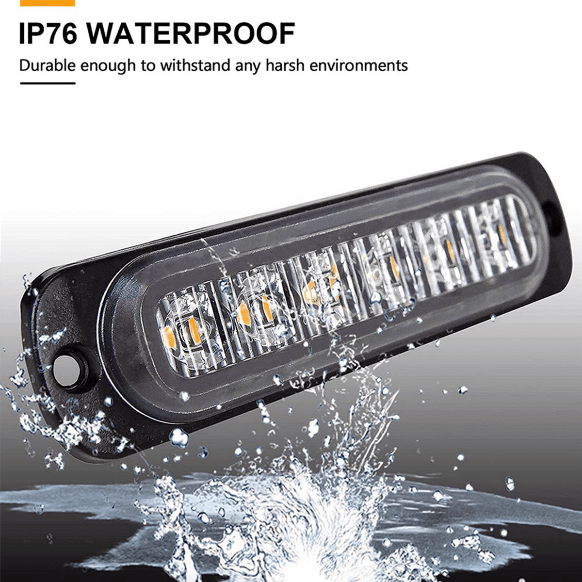 Eine wasserdichte LED-Lichtleiste. Sie ist schwarz und hat orangefarbene Lichter. Wassertropfen spritzen um die Lichtleiste herum.