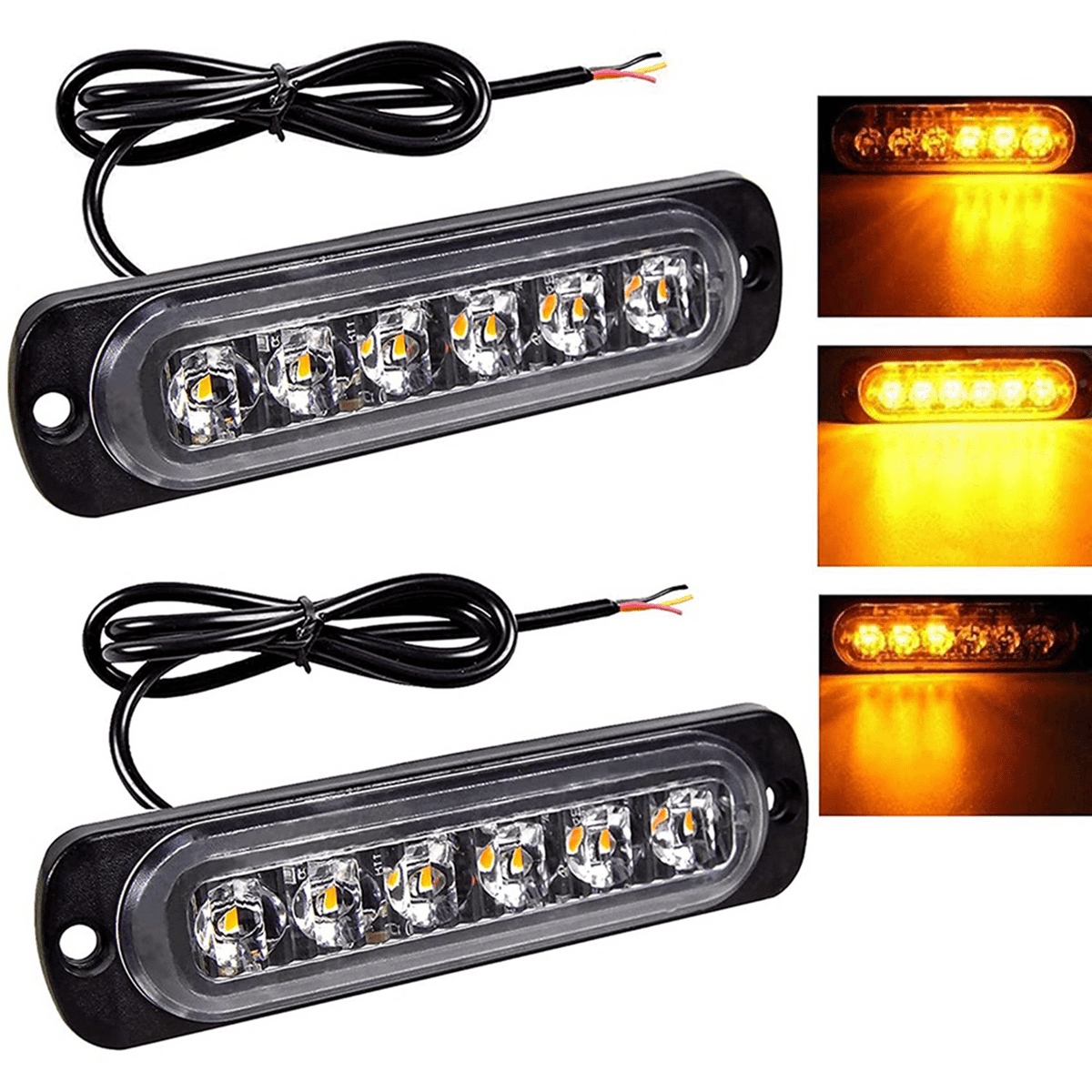 Zwei schwarze LED-Lichtleisten mit klaren Linsen und gelben Lichtern. Jede hat ein schwarzes Kabel. Drei Bilder zeigen die Lichter an.