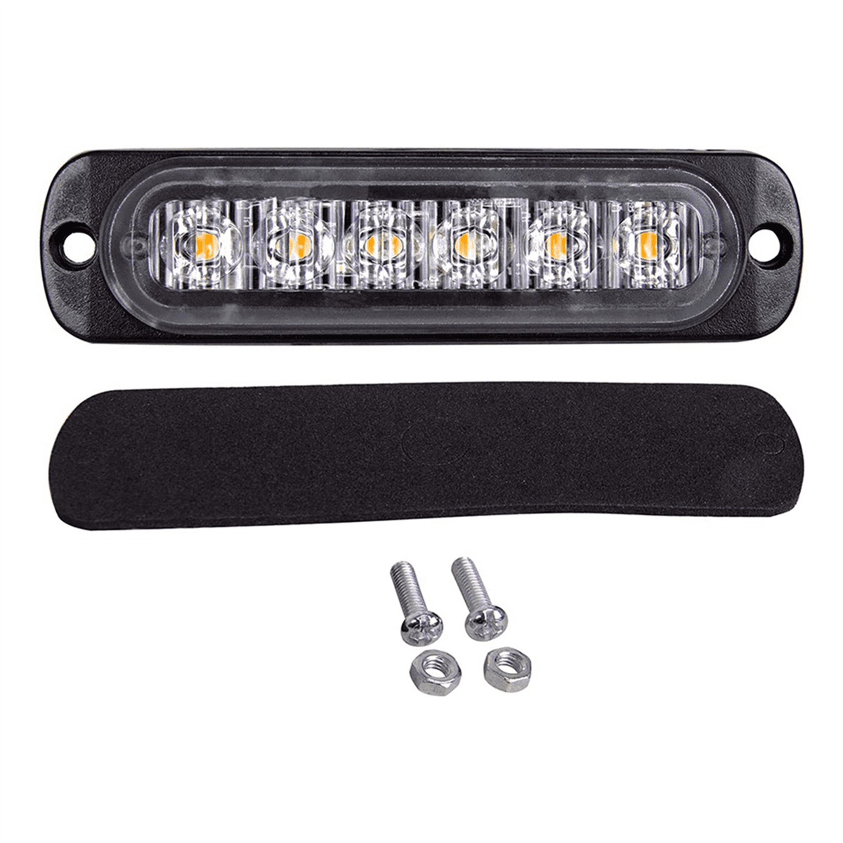 Ein schwarzer LED-Lichtbalken mit orangen Lichtern, Befestigungsmaterial und ein schwarzes Pad liegen auf weißem Untergrund.