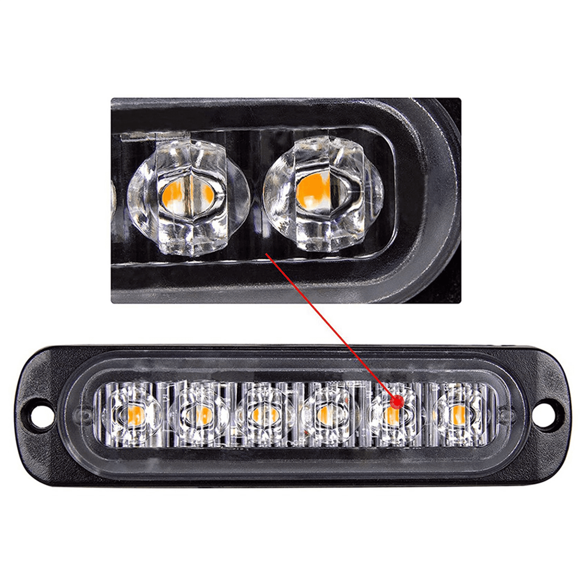 Schwarzer LED-Lichtbalken mit orangen Lichtern, detaillierte Ansicht von zwei Lichtern und ein roter Pfeil, der auf eines der Lichter zeigt.