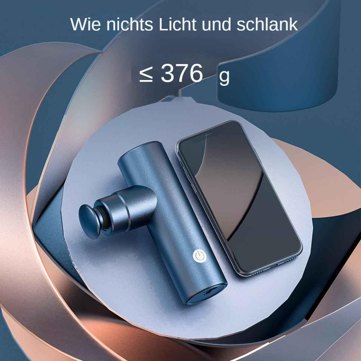Blaue Massagepistole und Smartphone auf dekorativer Oberfläche, Text zeigt ein Gewicht von 376g. Hintergrund mit Bändern.