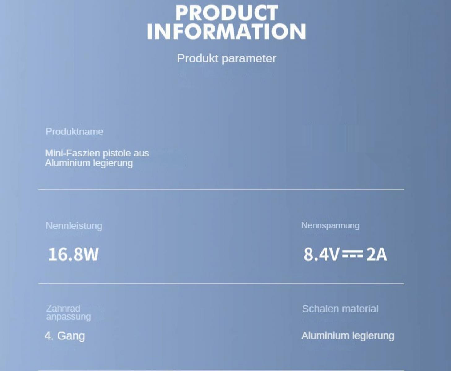 Produktinformationen auf Deutsch. Zeigt Spezifikationen: 16,8 W, 8,4 V, Aluminiumlegierung und 4 Gänge. Text ist weiß auf blauem Hintergrund.