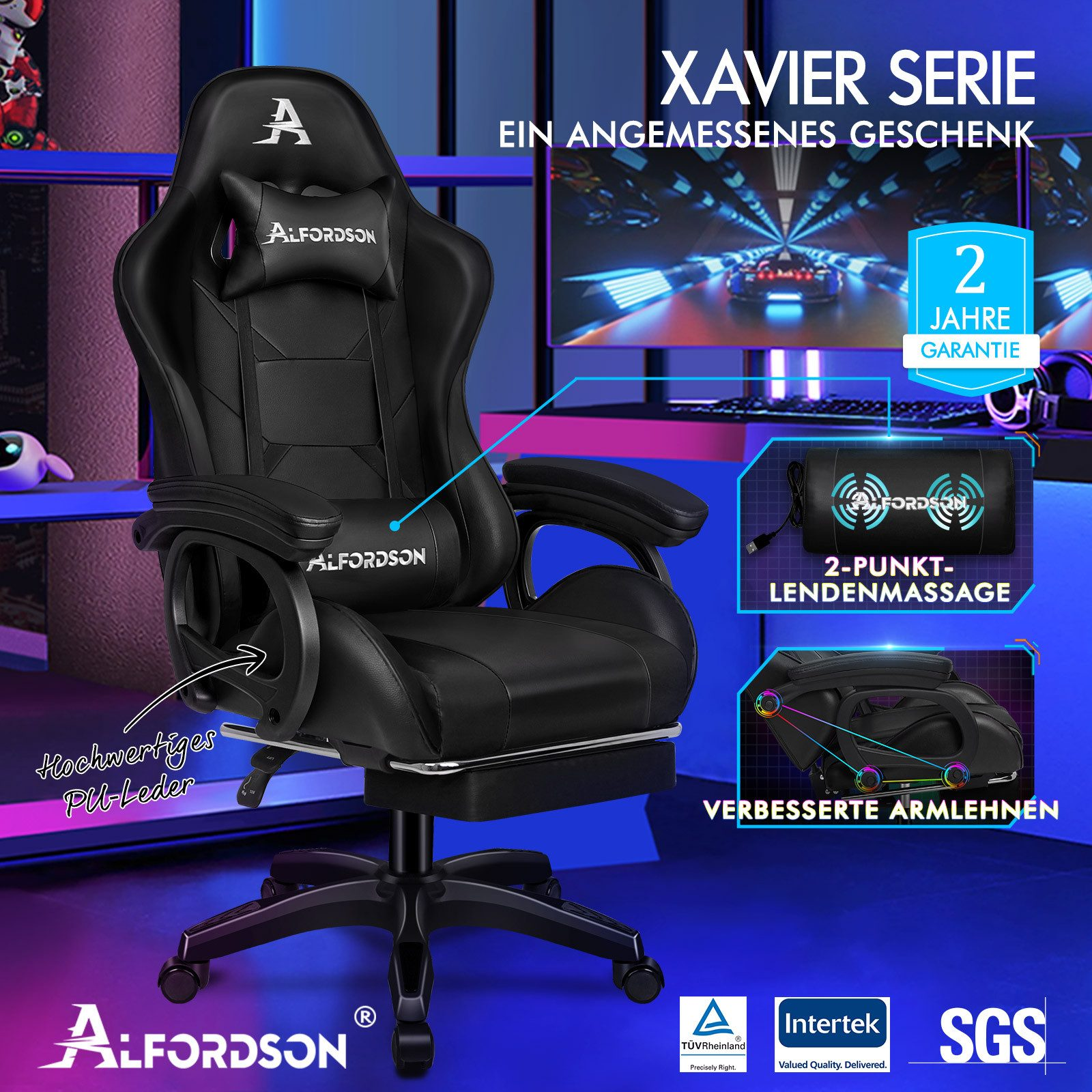 Silla gaming negra con reposacabezas y soporte lumbar. Incluye reposabrazos, reposapiés y etiqueta de garantía.