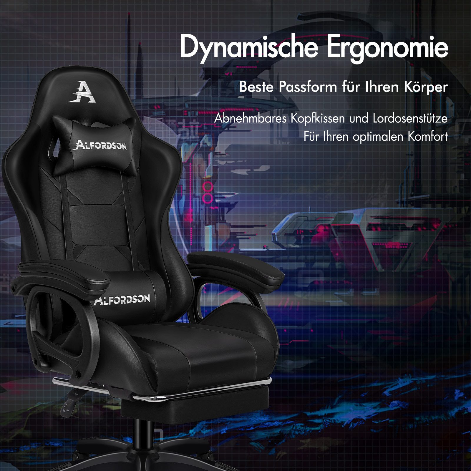 Silla gaming negra con logo, reposacabezas y soporte lumbar, sobre fondo futurista.