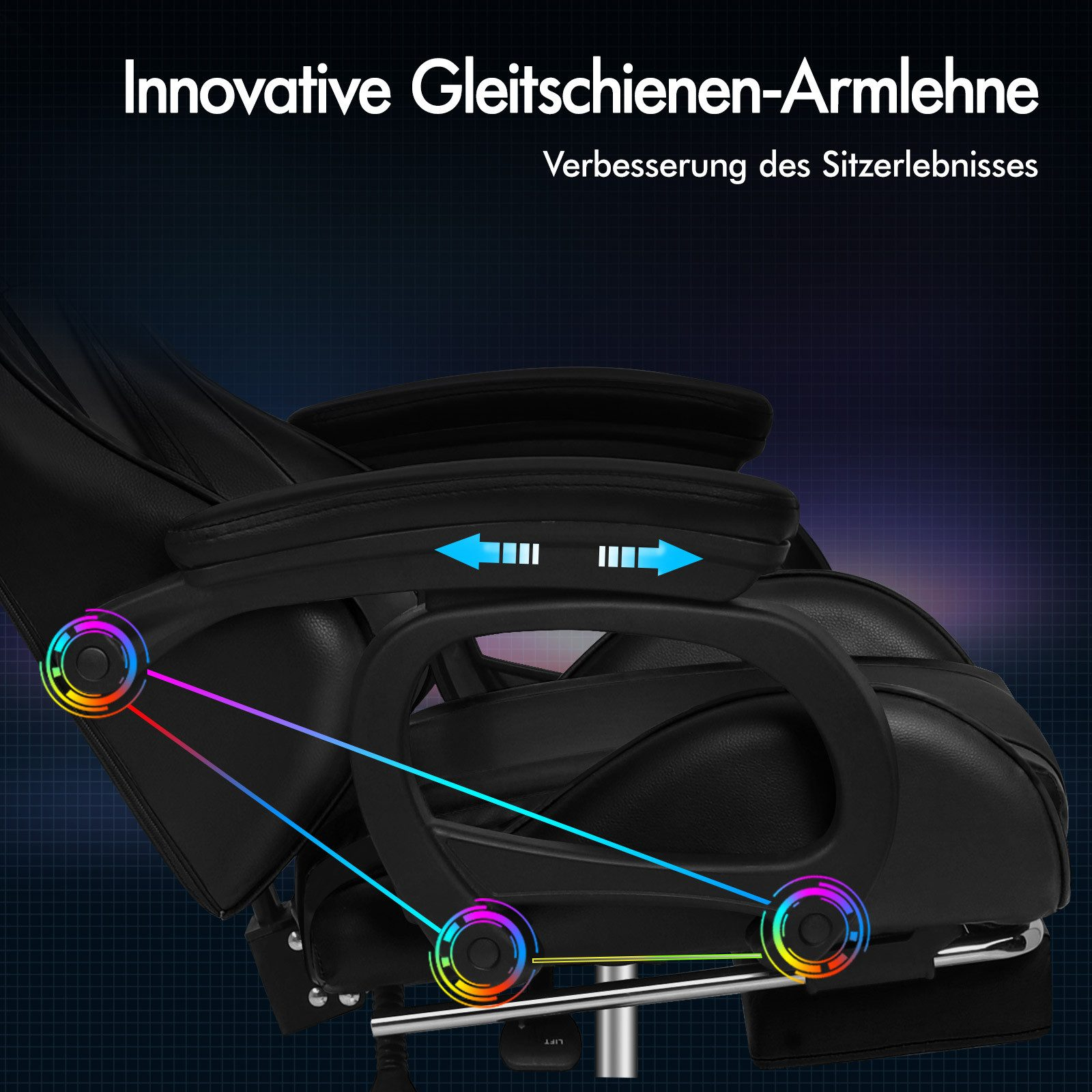Una silla de oficina negra con reposabrazos deslizantes innovadores, con flechas que muestran el movimiento. El texto superior dice 'Innovative Gleitschienen-Armlehne'.