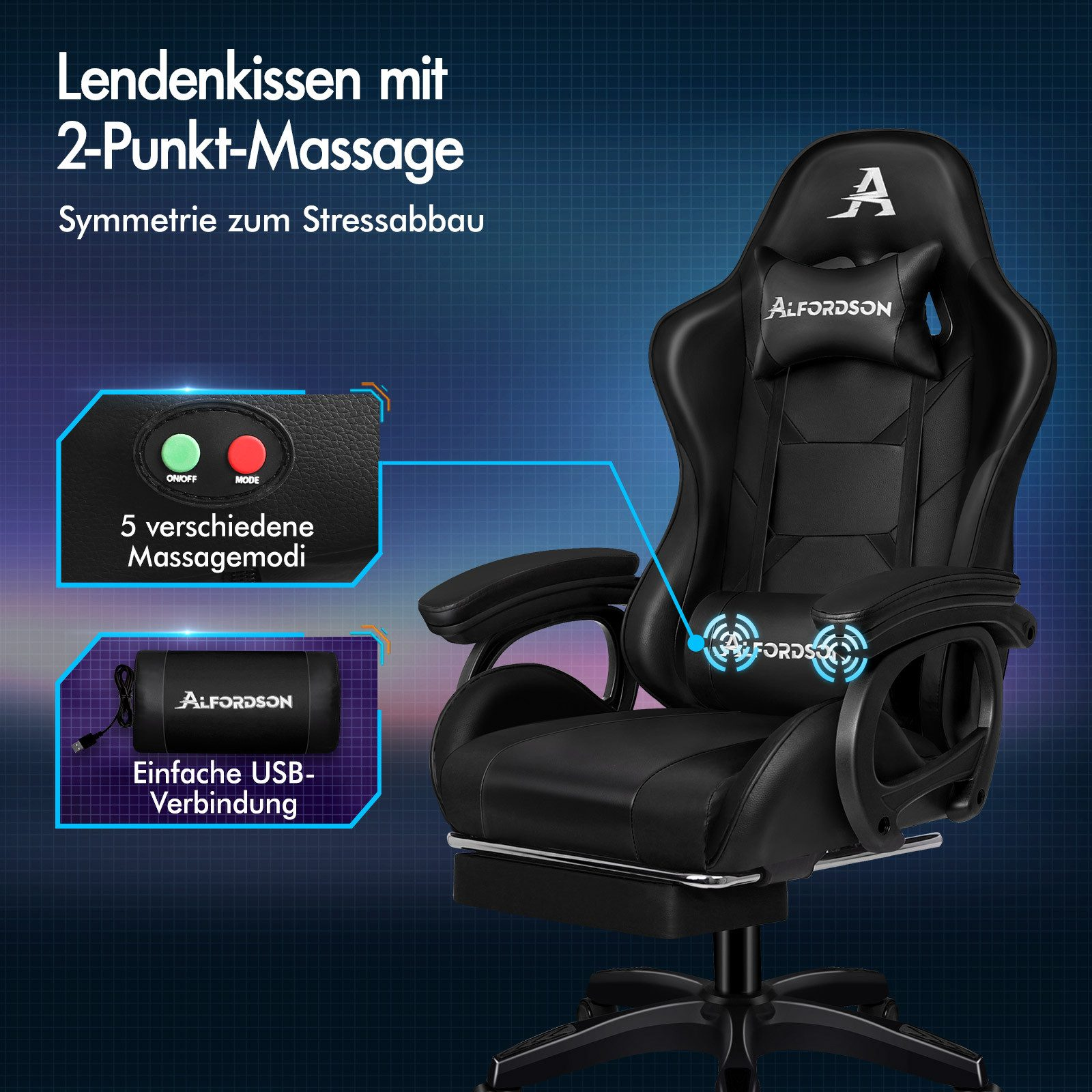 Silla gaming negra con reposacabezas y soporte lumbar, panel de control, conexión USB y función masaje.