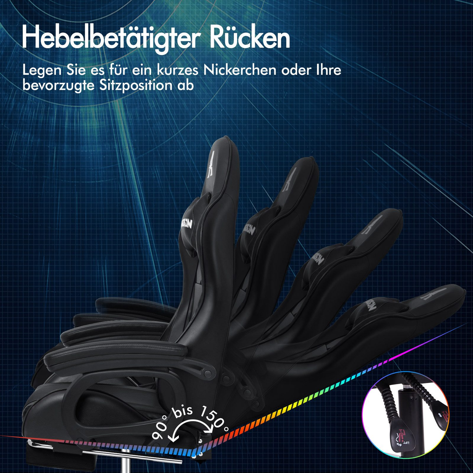 Schwarzer Gaming-Stuhl mit verstellbarer Rückenlehne. Zeigt den Winkelbereich von 90 bis 150 Grad und die Liftsteuerung.
