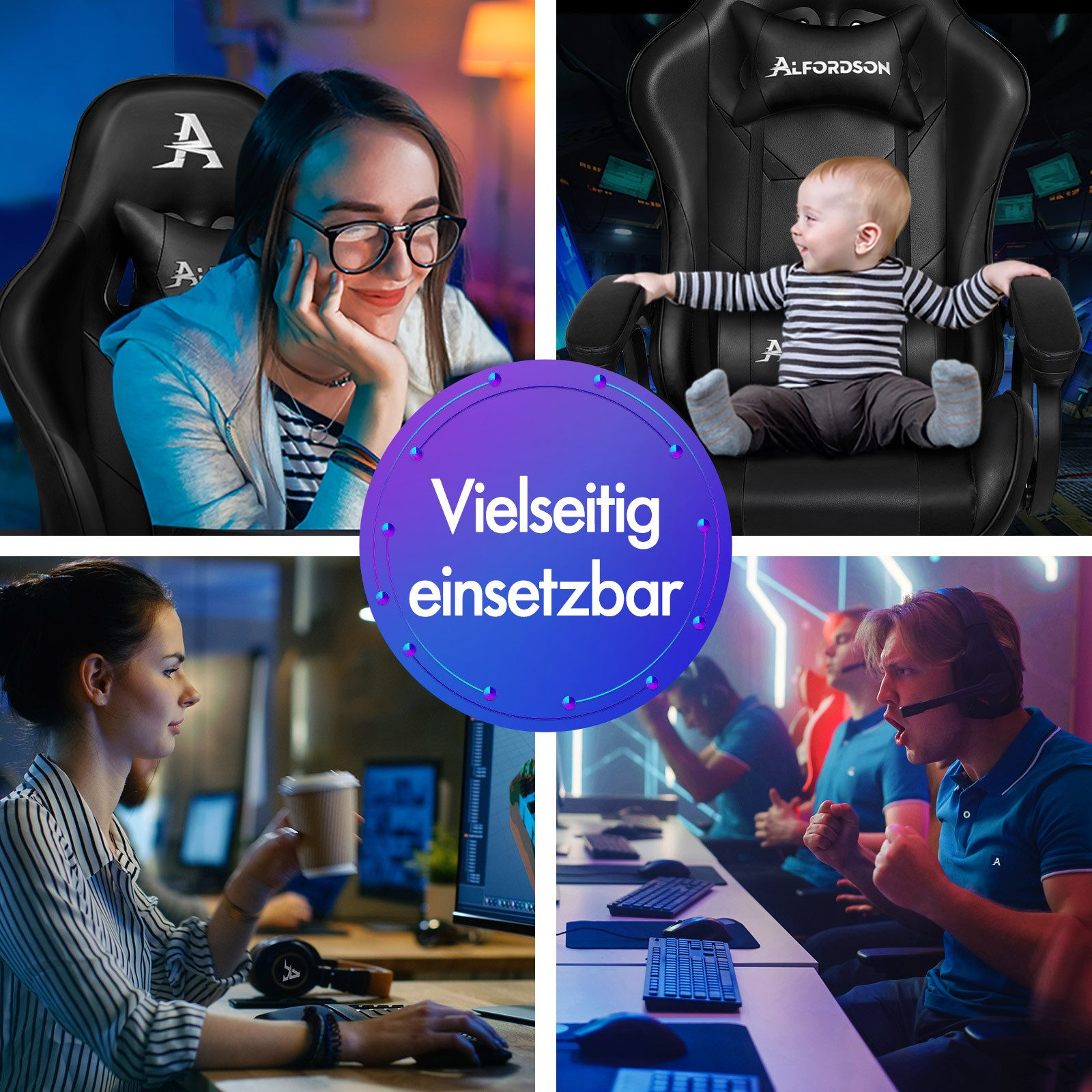 Cuatro imágenes que muestran a personas usando una silla. Una mujer con gafas y un bebé en una silla. Personas trabajando y jugando.