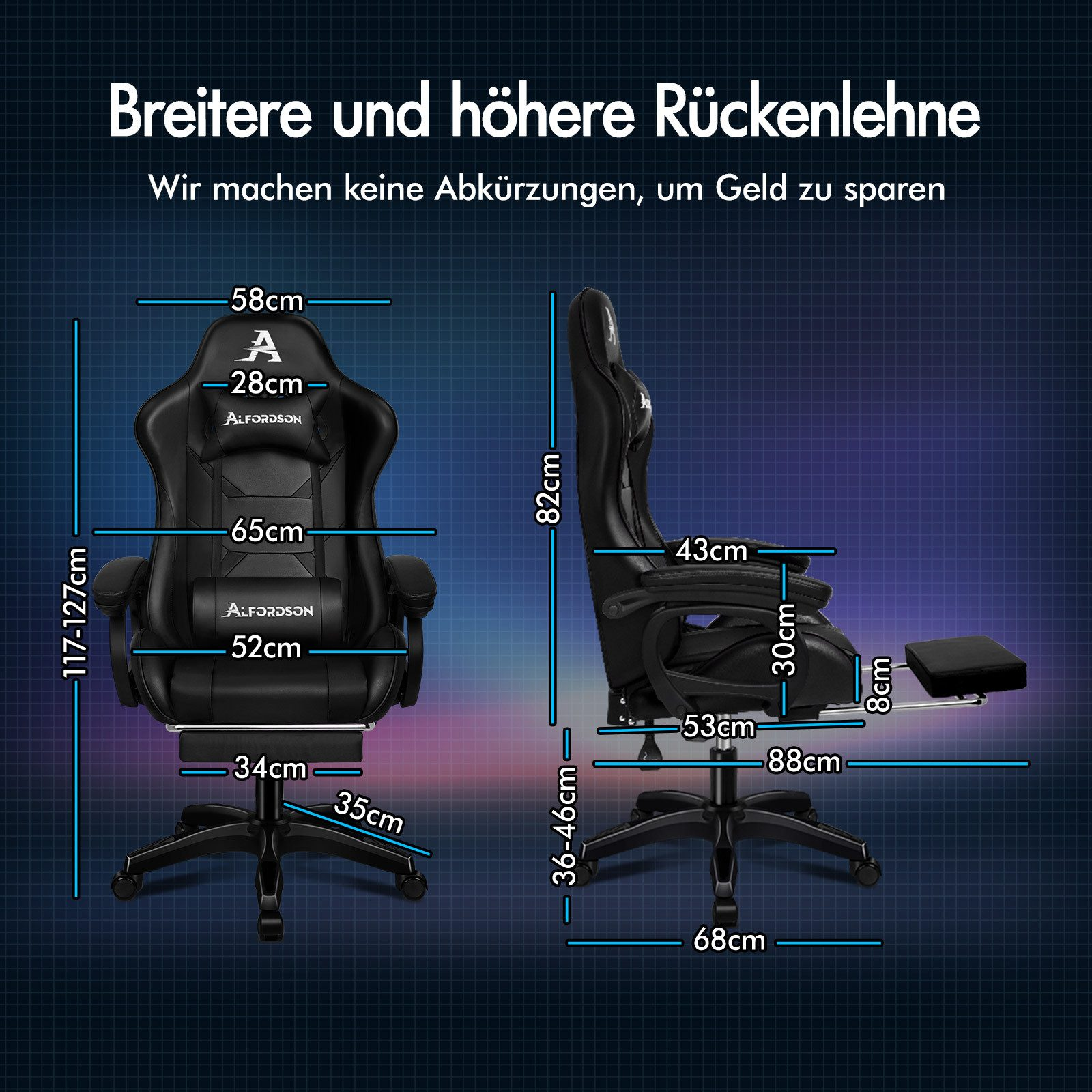 Silla gaming ergonómica negra con dimensiones etiquetadas. Texto en alemán. Incluye reposapiés.