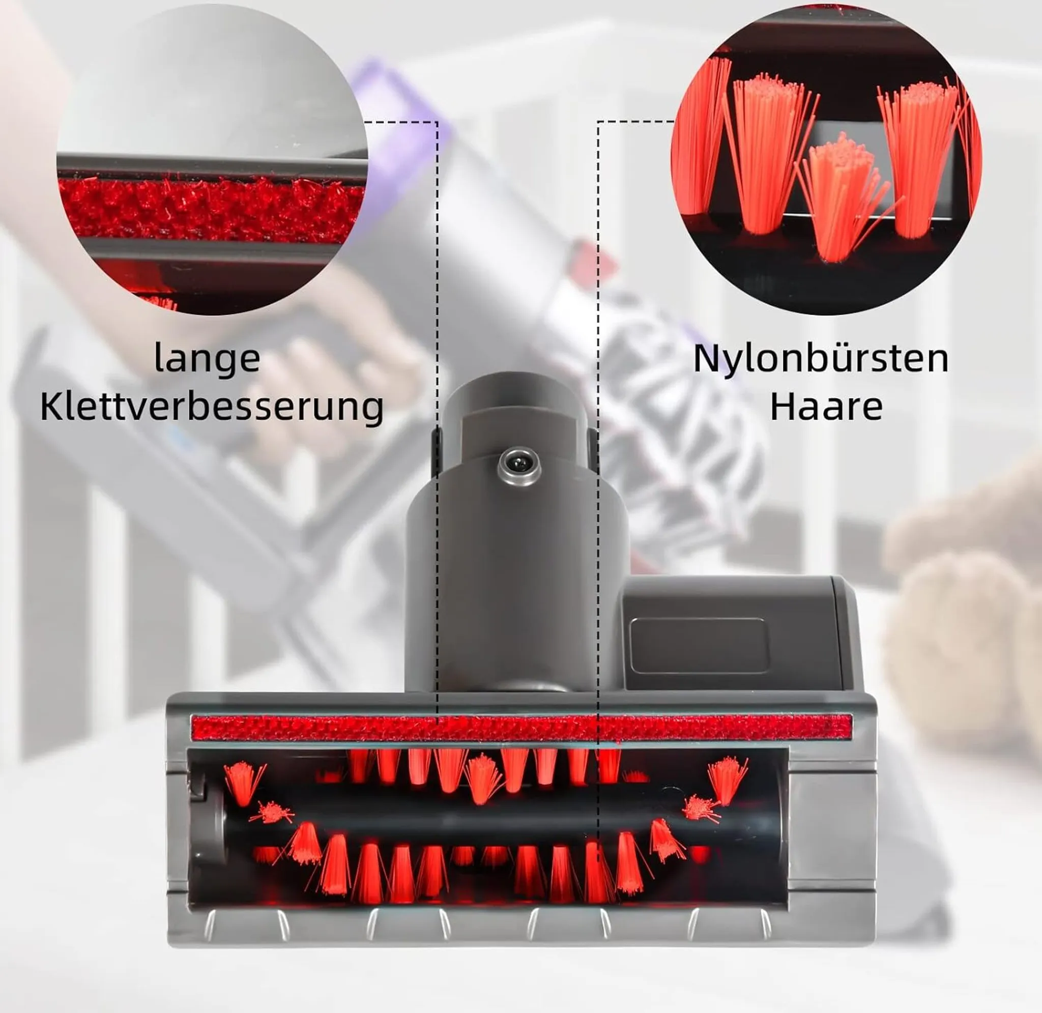 Staubsaugerkopf mit roten Borsten und rotem Filz. Das Bild zeigt Details der Komponenten, zusammen mit Textbeschriftungen auf Deutsch.