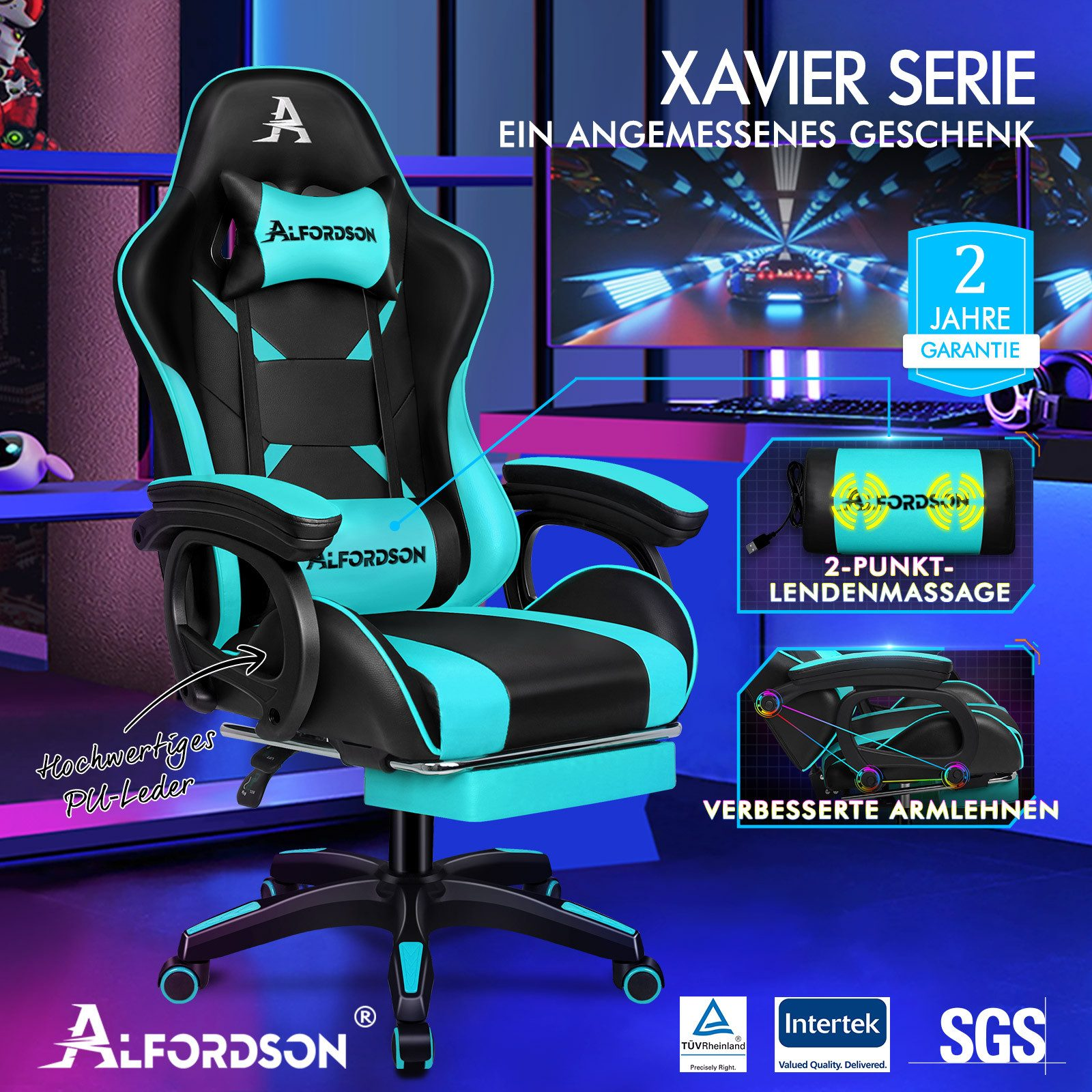 Una silla gaming con detalles en negro y cian. La silla tiene reposacabezas y soporte lumbar, y la marca es Alfordson.