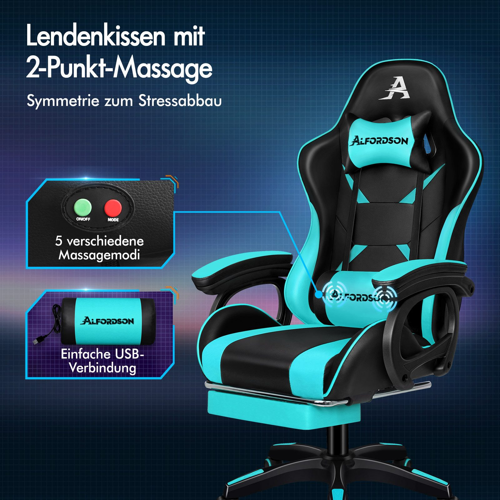 Silla gaming con masaje de 2 puntos. Tiene una combinación de colores azul y negro. Incluye conexión USB y 5 modos de masaje.
