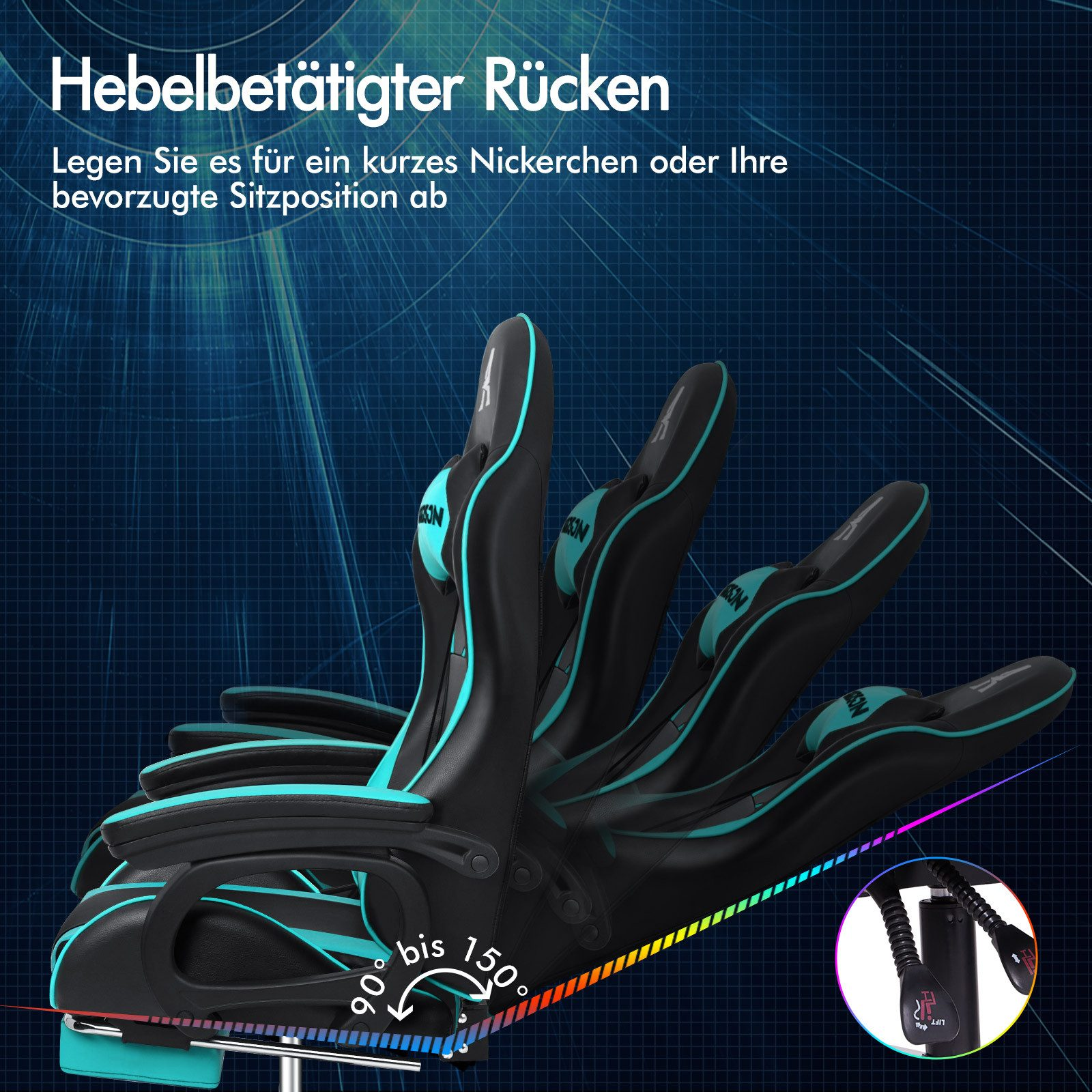 Schwarzer und türkisfarbener Gaming-Stuhl mit verstellbarer Rückenlehne. Er kann von 90 bis 150 Grad neigen.