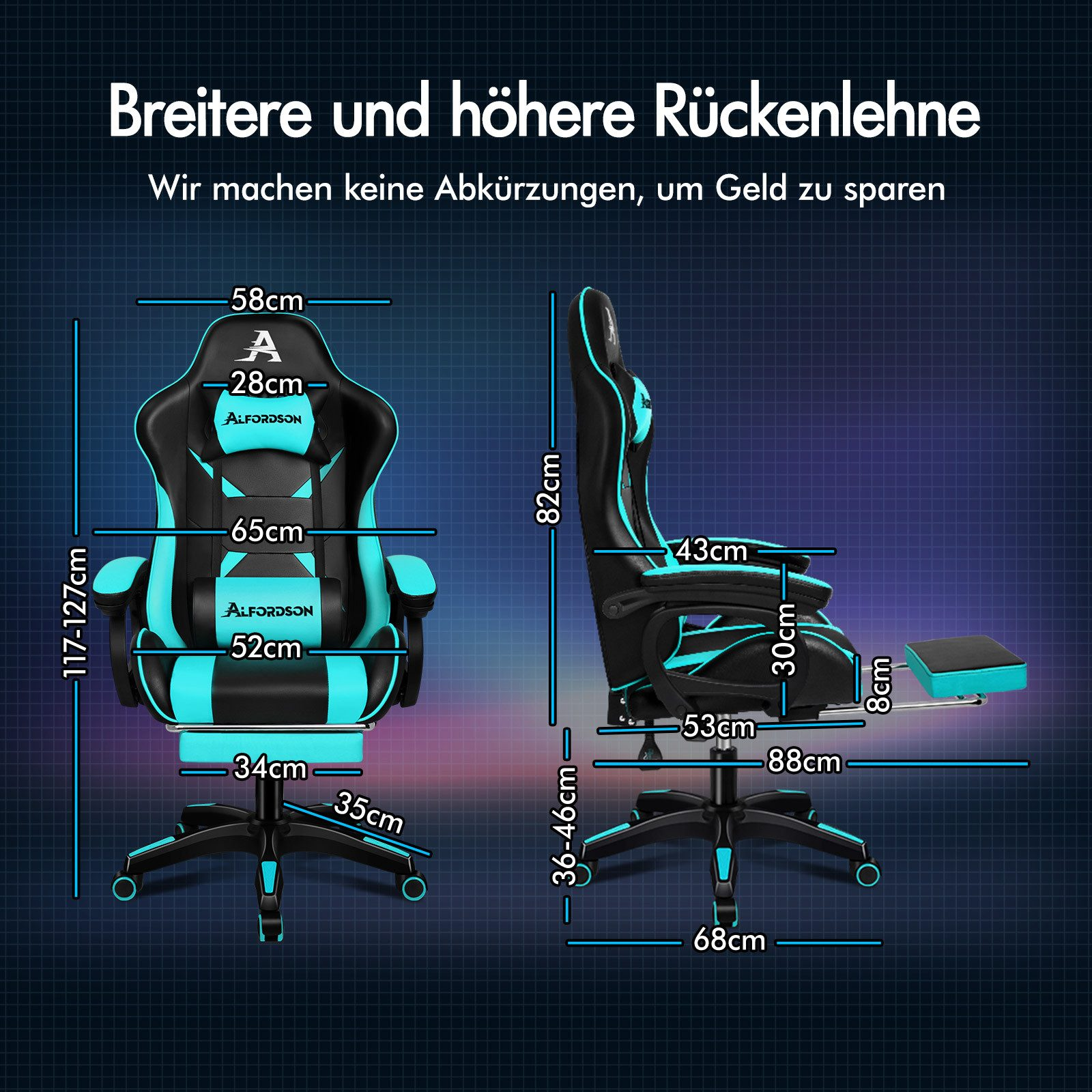 Silla gaming con dimensiones, colores negro y turquesa. Tiene respaldo alto, reposabrazos y reposapiés.