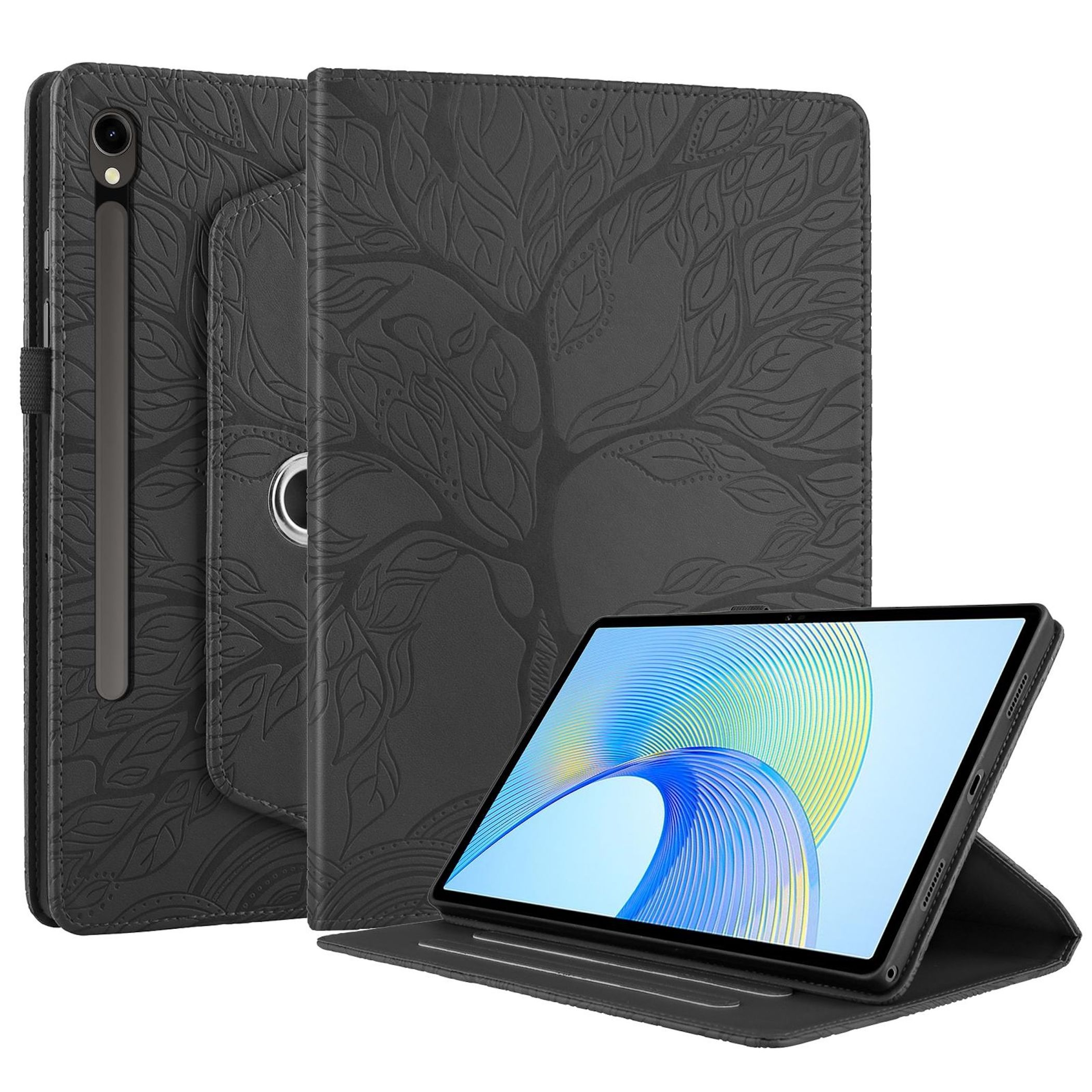 Funda negra para tableta con diseño de árbol en relieve. Una tableta está abierta. La funda tiene un soporte para lápiz.