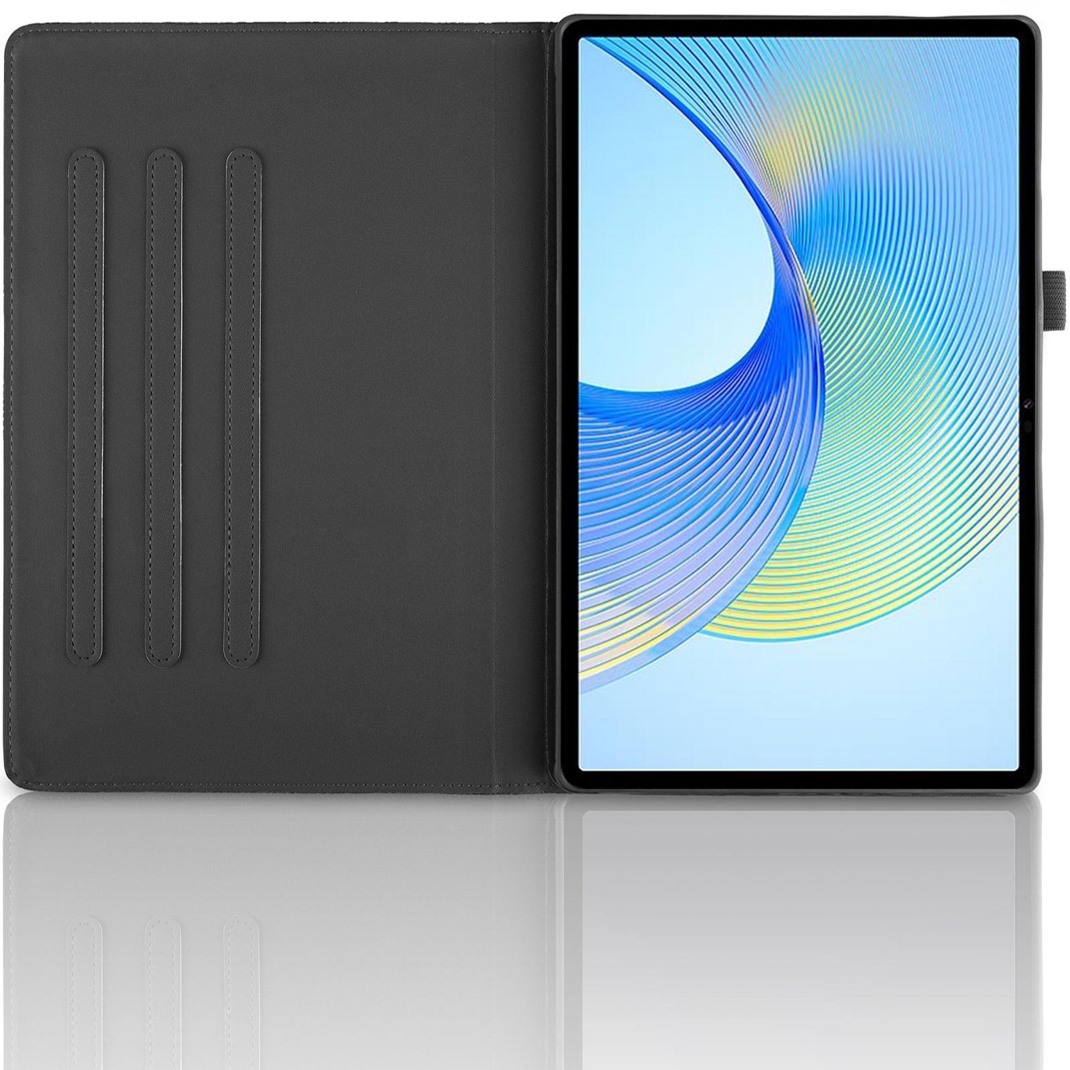 Tableta en una funda gris, abierta para revelar la pantalla. La pantalla muestra formas abstractas azules y amarillas.