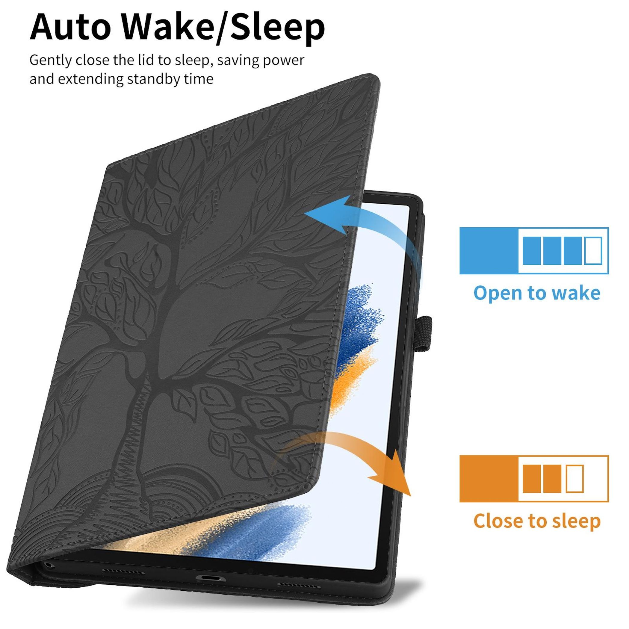 Funda para tableta con diseño de árbol. Se abre para revelar la pantalla. Flechas indican abrir/cerrar para encender/apagar.