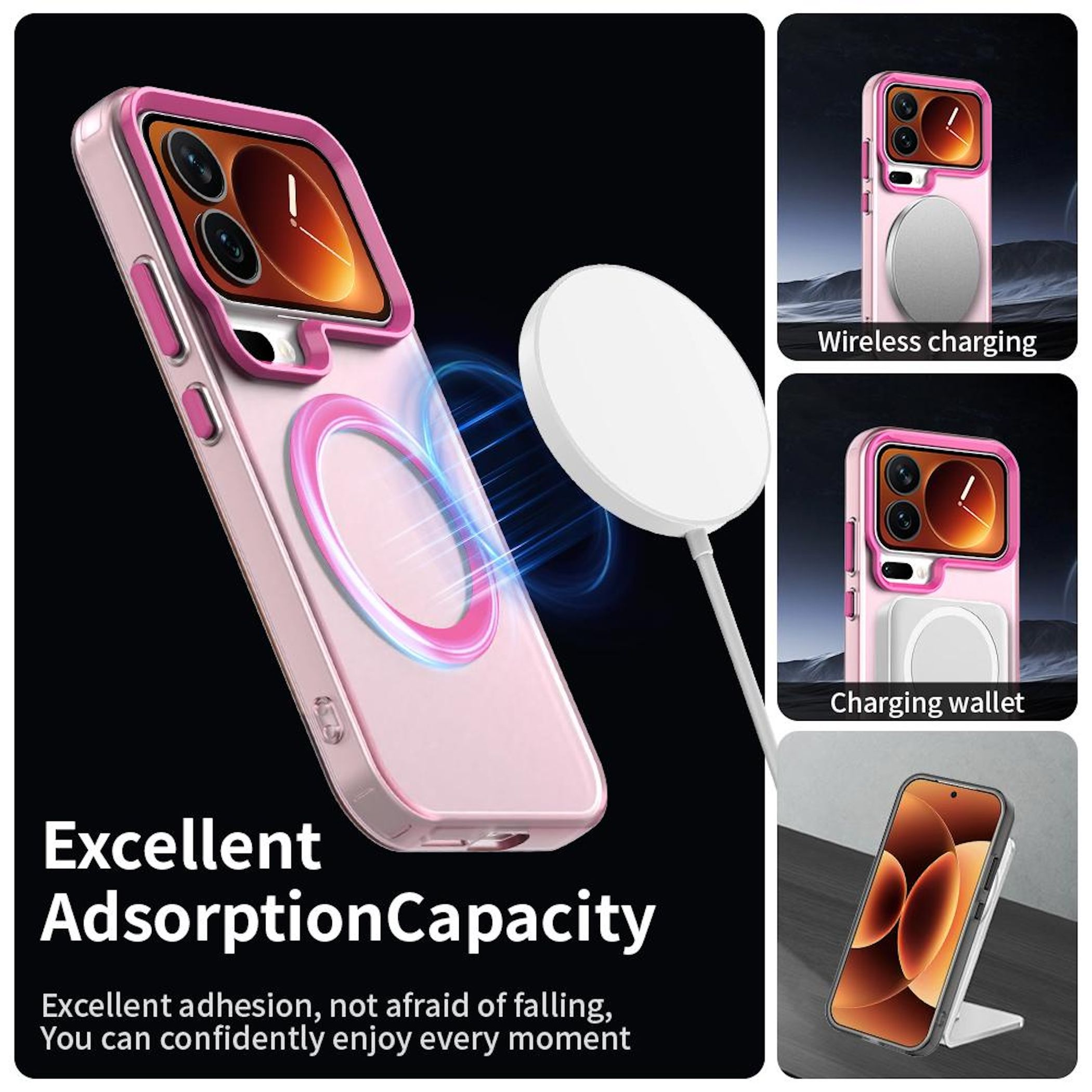 Una funda rosa para teléfono con un anillo rosa. Un cargador blanco está conectado. El texto dice Excellent Adsorption Capacity.