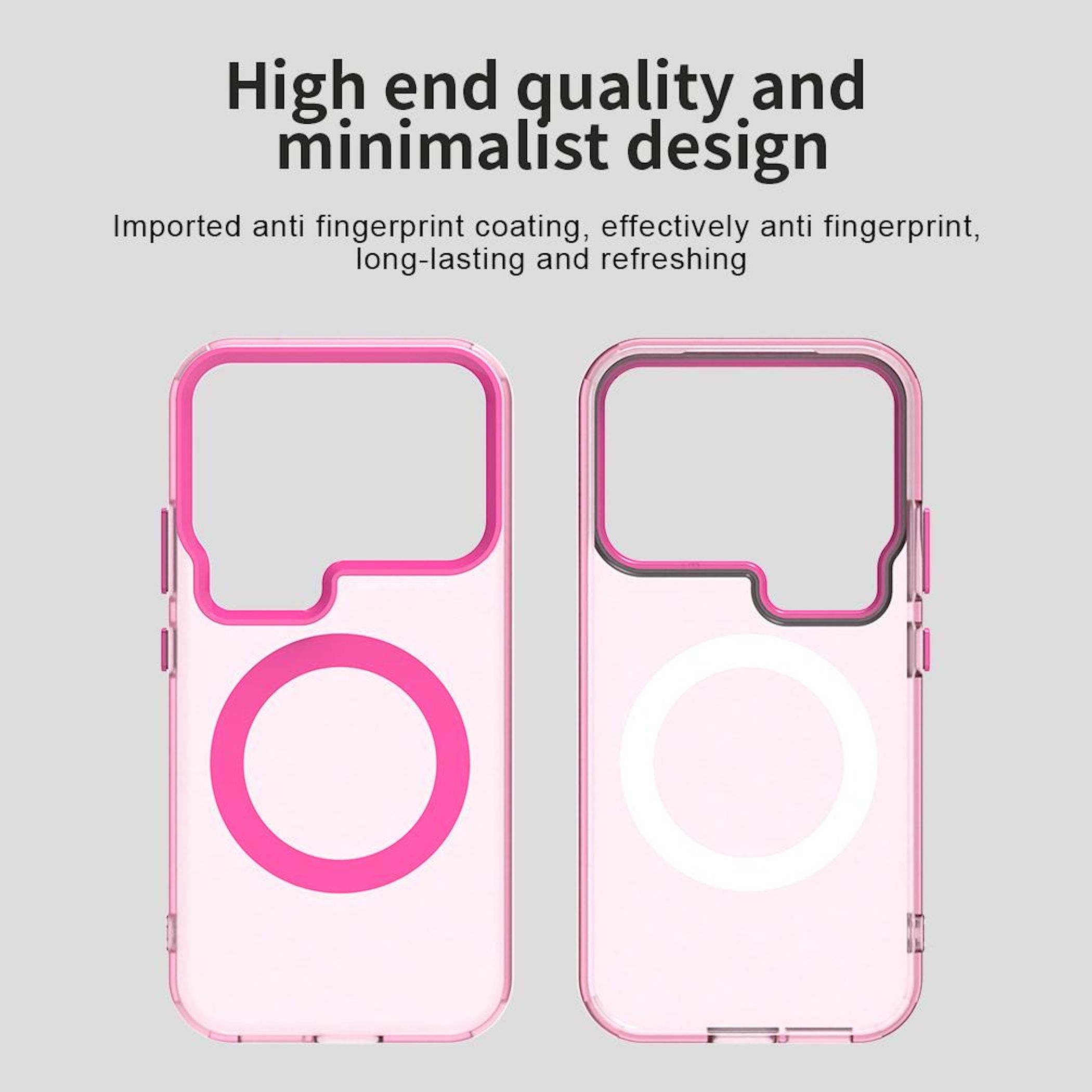 La imagen muestra dos fundas para teléfono, rosa con un círculo y un círculo blanco, sobre un fondo gris claro.