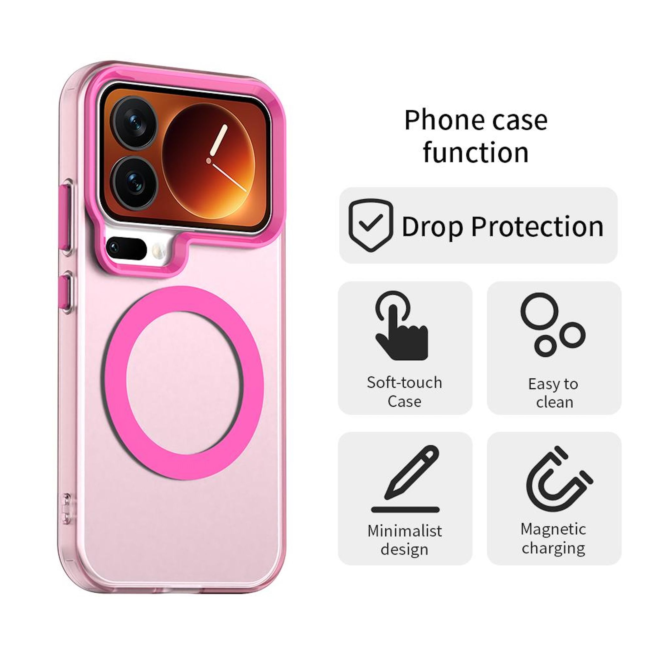 Funda rosa para teléfono con protección contra caídas y carga magnética, con iconos y texto que describen las funciones.