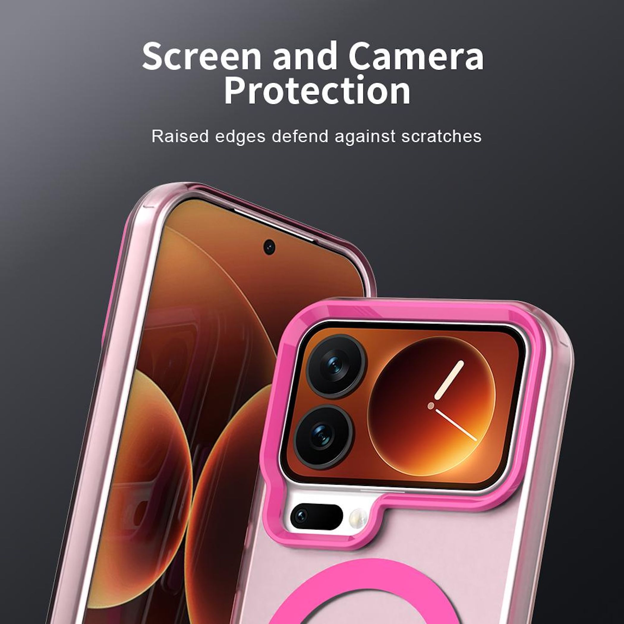 Fundas rosas para teléfonos que protegen un teléfono. El texto dice Protección de pantalla y cámara.