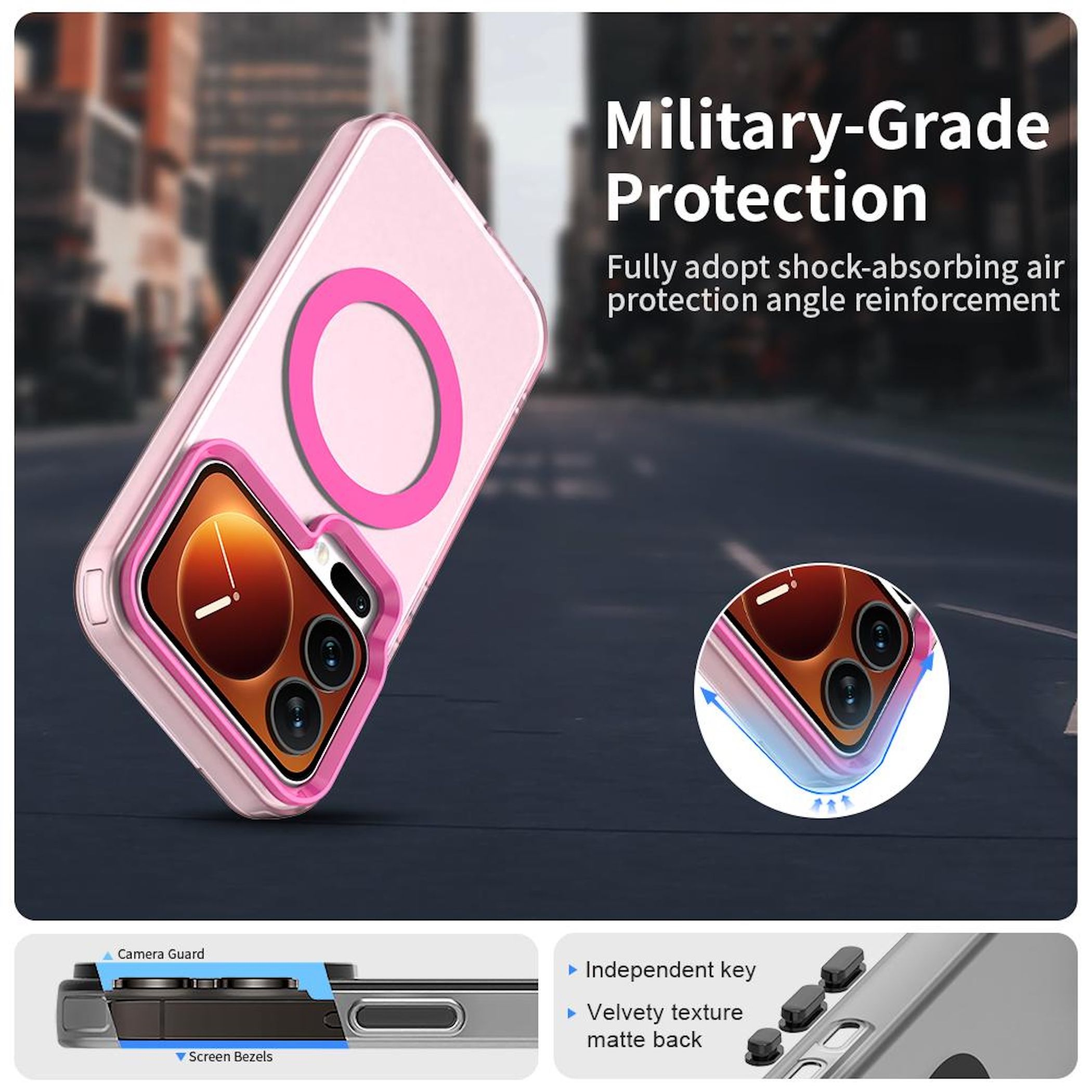 Funda de teléfono rosa con anillo magnético circular. Características: protector de cámara, biseles de pantalla, teclas independientes y parte trasera mate aterciopelada.