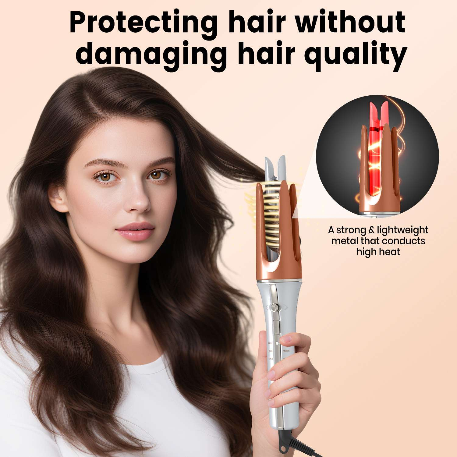 Frau mit langen braunen Haaren, die ein Haarstyling-Tool hält. Text: Haare schützen, ohne die Haarqualität zu schädigen.