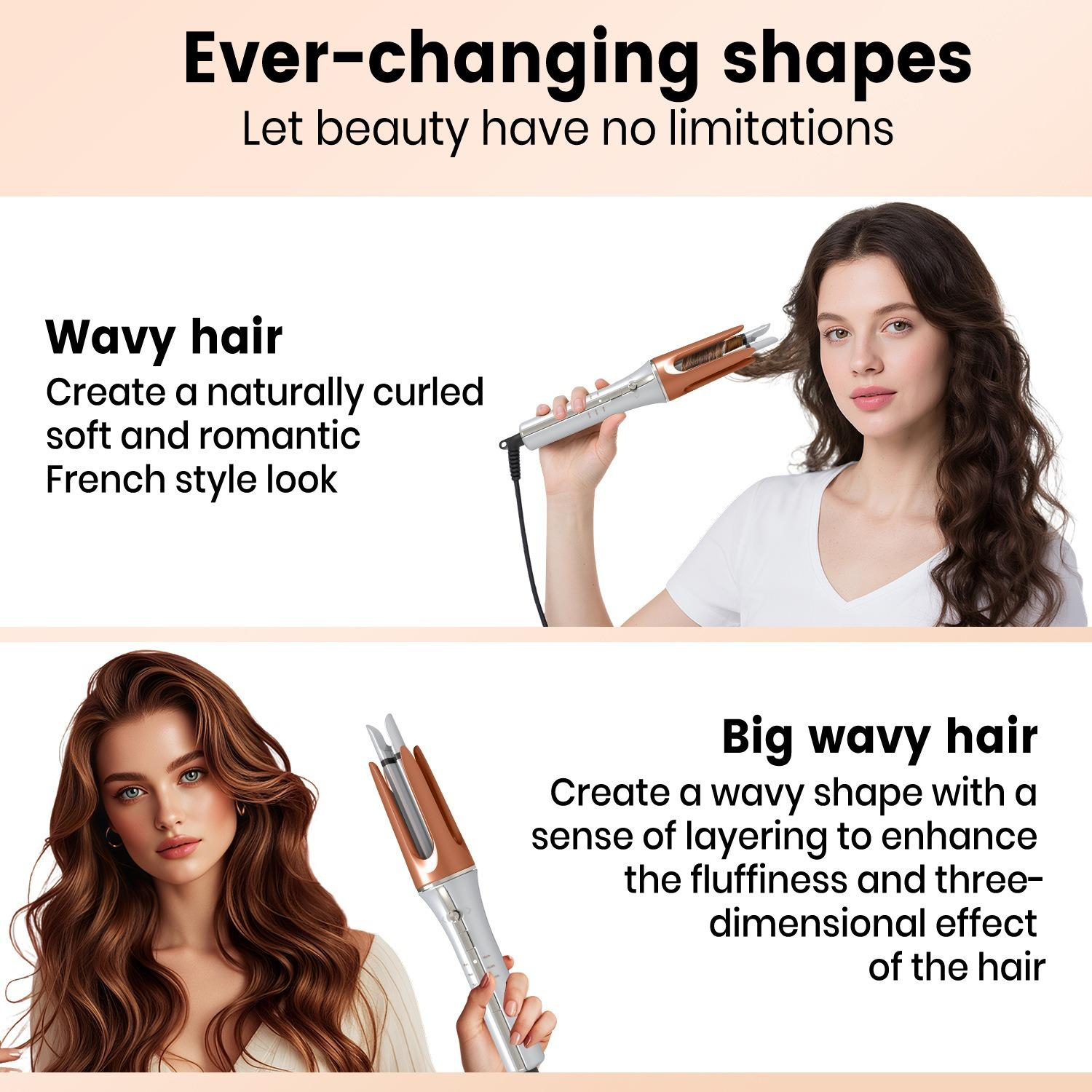 Das Bild zeigt eine Frau, die ihr Haar mit einem Lockenstab stylt. Text beschreibt wellige Frisuren und die Vorteile des Produkts.