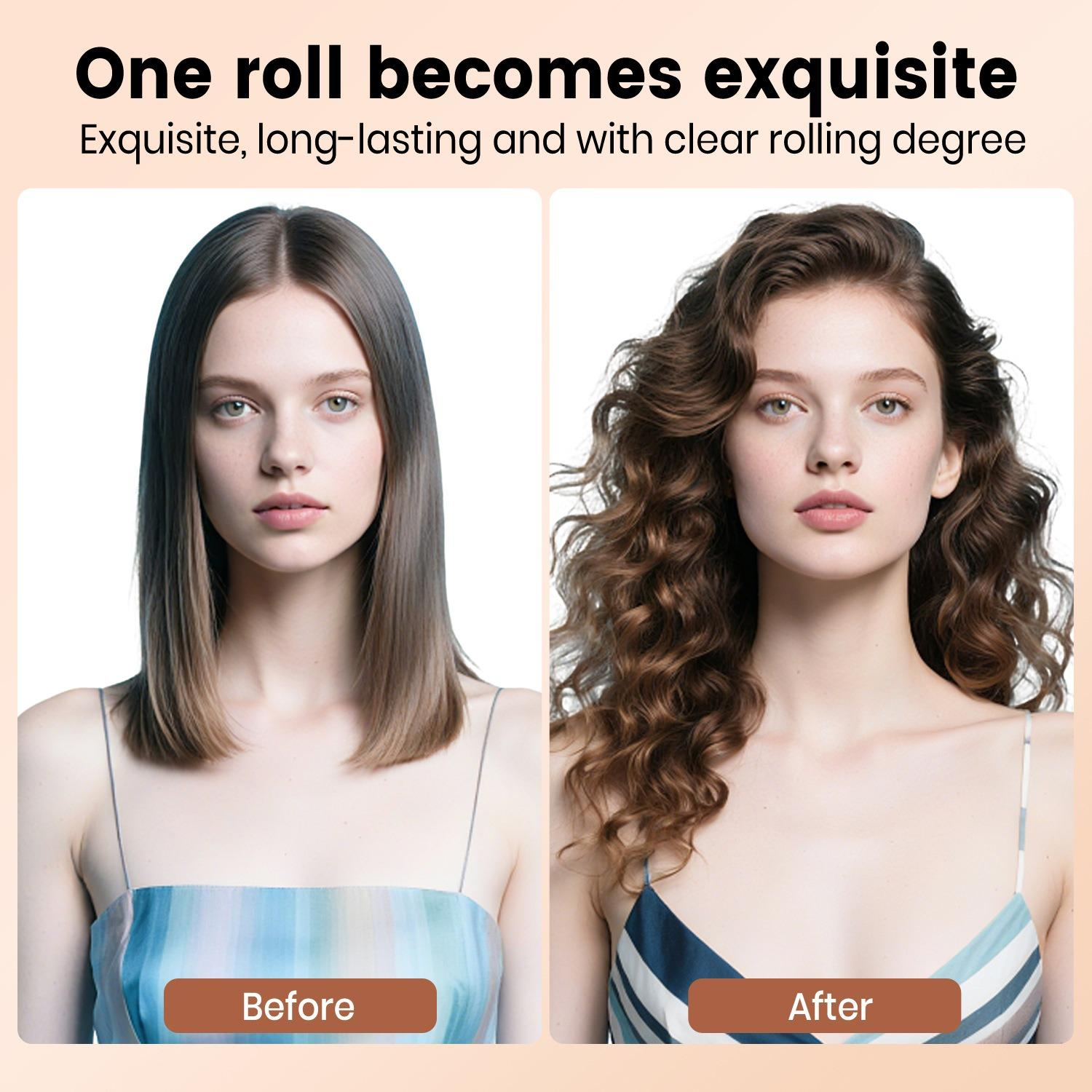 Das Bild zeigt zwei Frauen. Eine vorher, mit glattem Haar, und eine nachher, mit lockigem Haar. Der Text hebt eine Haartransformation hervor.