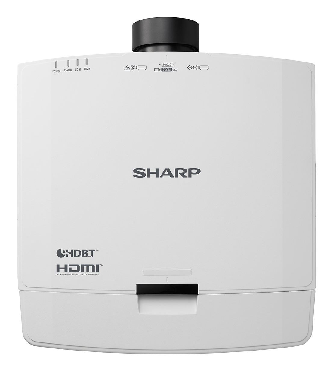 Un proyector Sharp blanco con lente negra. Tiene indicadores de encendido y estado, y logotipos HDMI y HDBT.