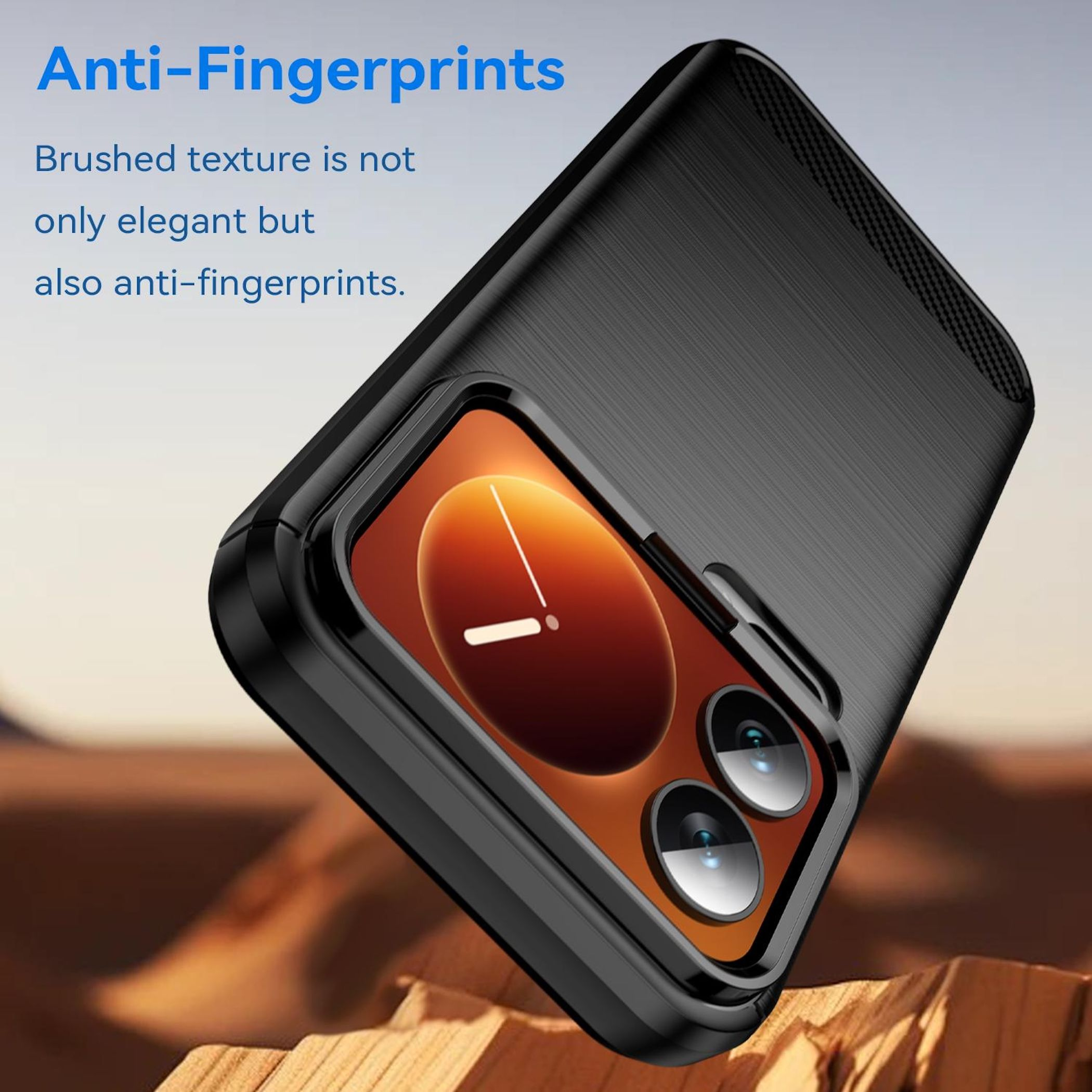 Schwarze Handyhülle mit gebürsteter Textur, die den Bildschirm und die Kameralinsen zeigt. Text: Anti-Fingerprints.