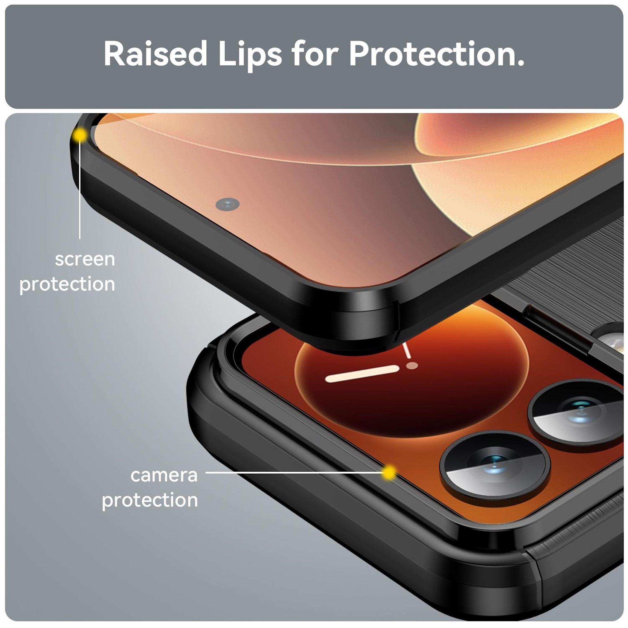 Schwarze Handyhülle mit erhöhten Kanten. Zeigt Bildschirm- und Kameraschutz. Text lautet 'Raised Lips for Protection'.