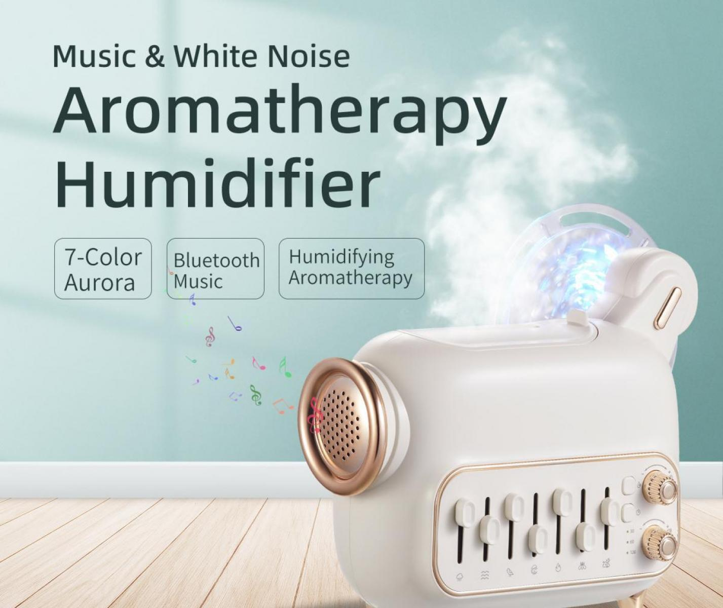 Weißer Aromatherapie-Luftbefeuchter mit goldenen Akzenten. Zu den Merkmalen gehören 7-Farben-Aurora, Bluetooth-Musik und befeuchtende Aromatherapie.