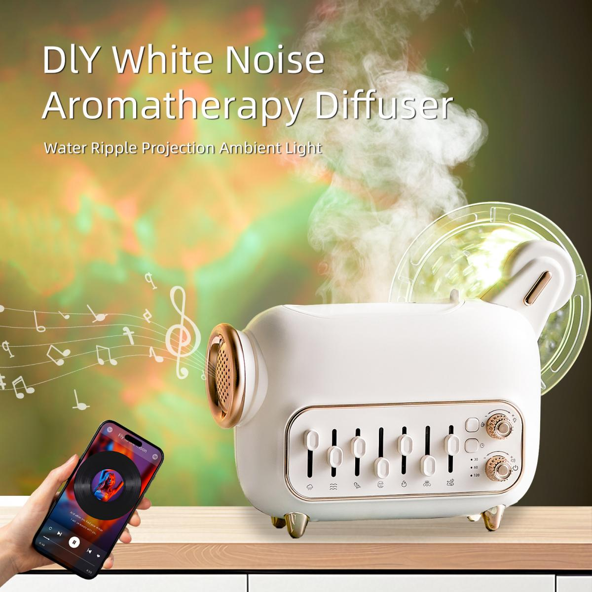 Weißer Aromatherapie-Diffusor mit Smartphone, das Musik abspielt, Noten und Wasserwellen-Projektionshintergrund.