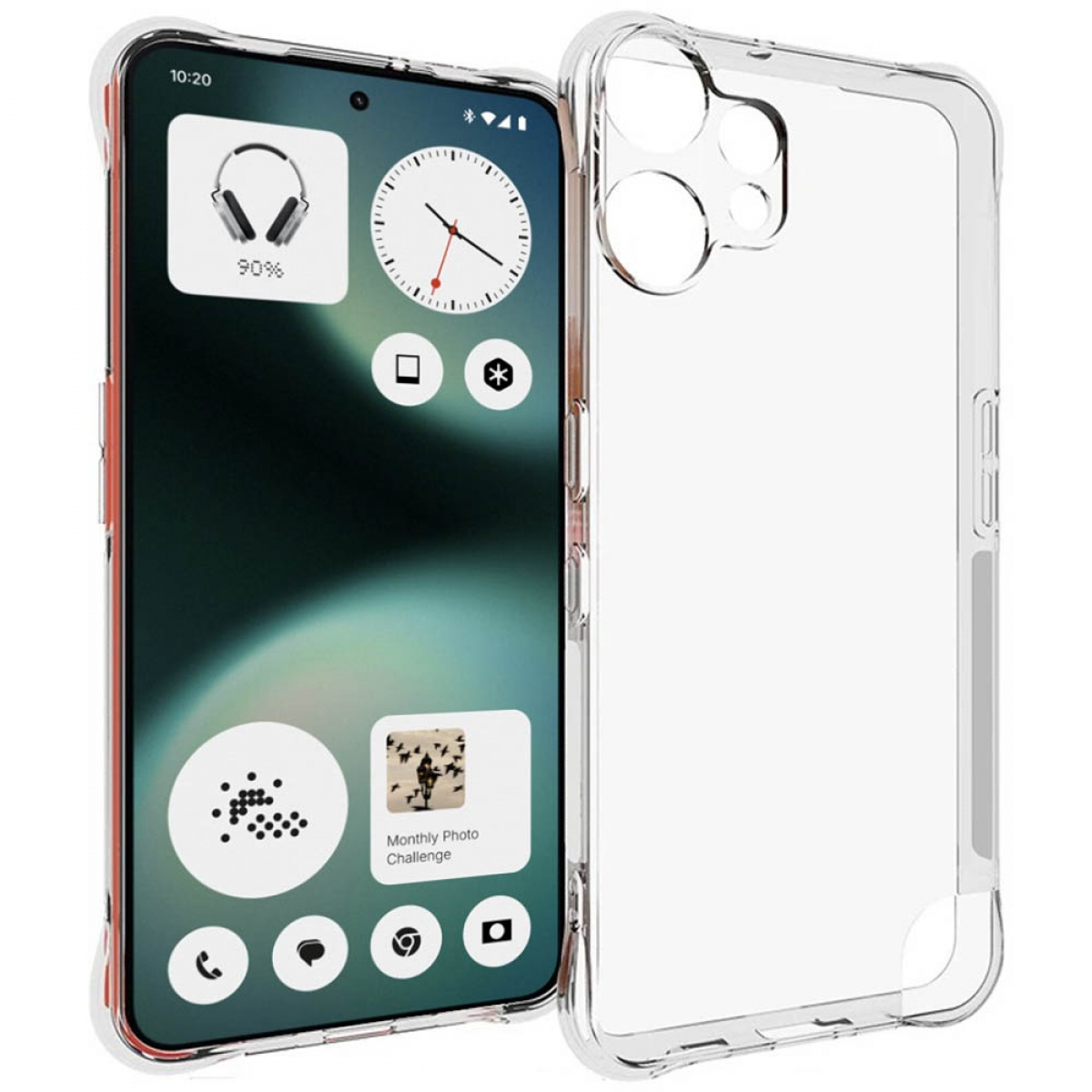 Ein Smartphone mit klarer Hülle. Der Bildschirm zeigt Widgets, darunter eine Uhr, Kopfhörer und eine Foto-Challenge.