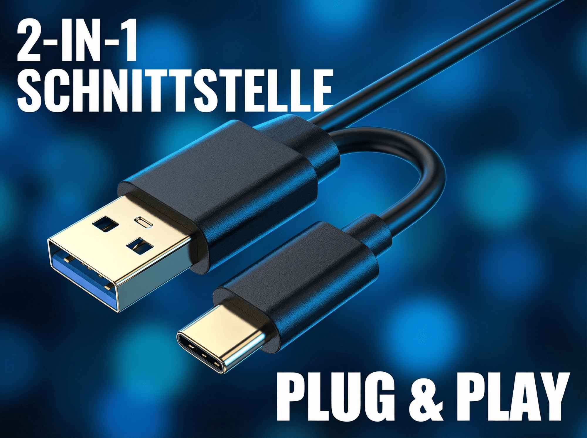 Ein schwarzes USB-Kabel mit USB- und USB-C-Anschluss. Text: '2-IN-1 SCHNITTSTELLE' und 'PLUG & PLAY' in Weiß.
