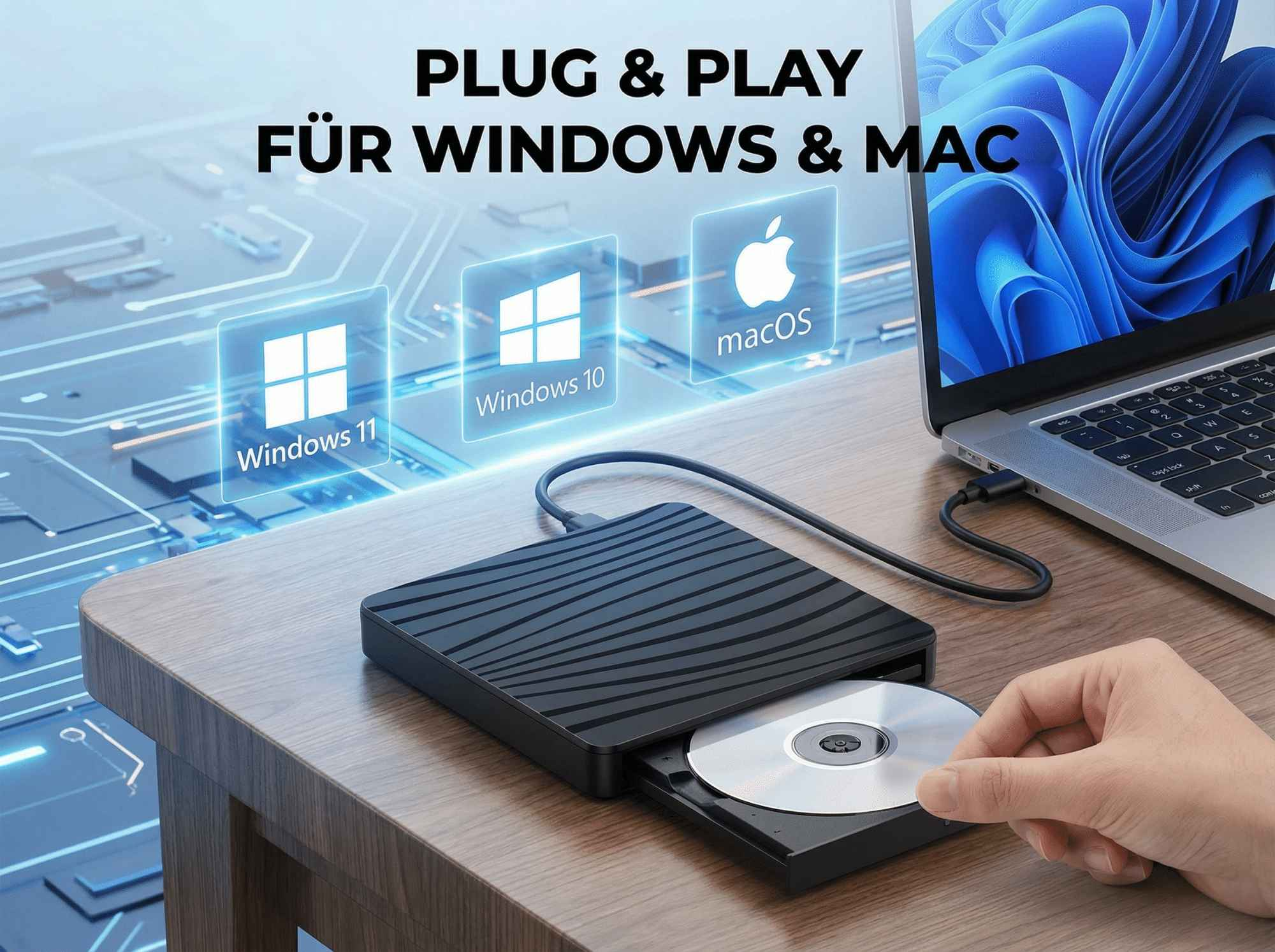 Eine Hand legt eine CD in ein schwarzes externes Laufwerk ein, das mit einem Laptop verbunden ist. Text: Plug & Play für Windows & Mac.