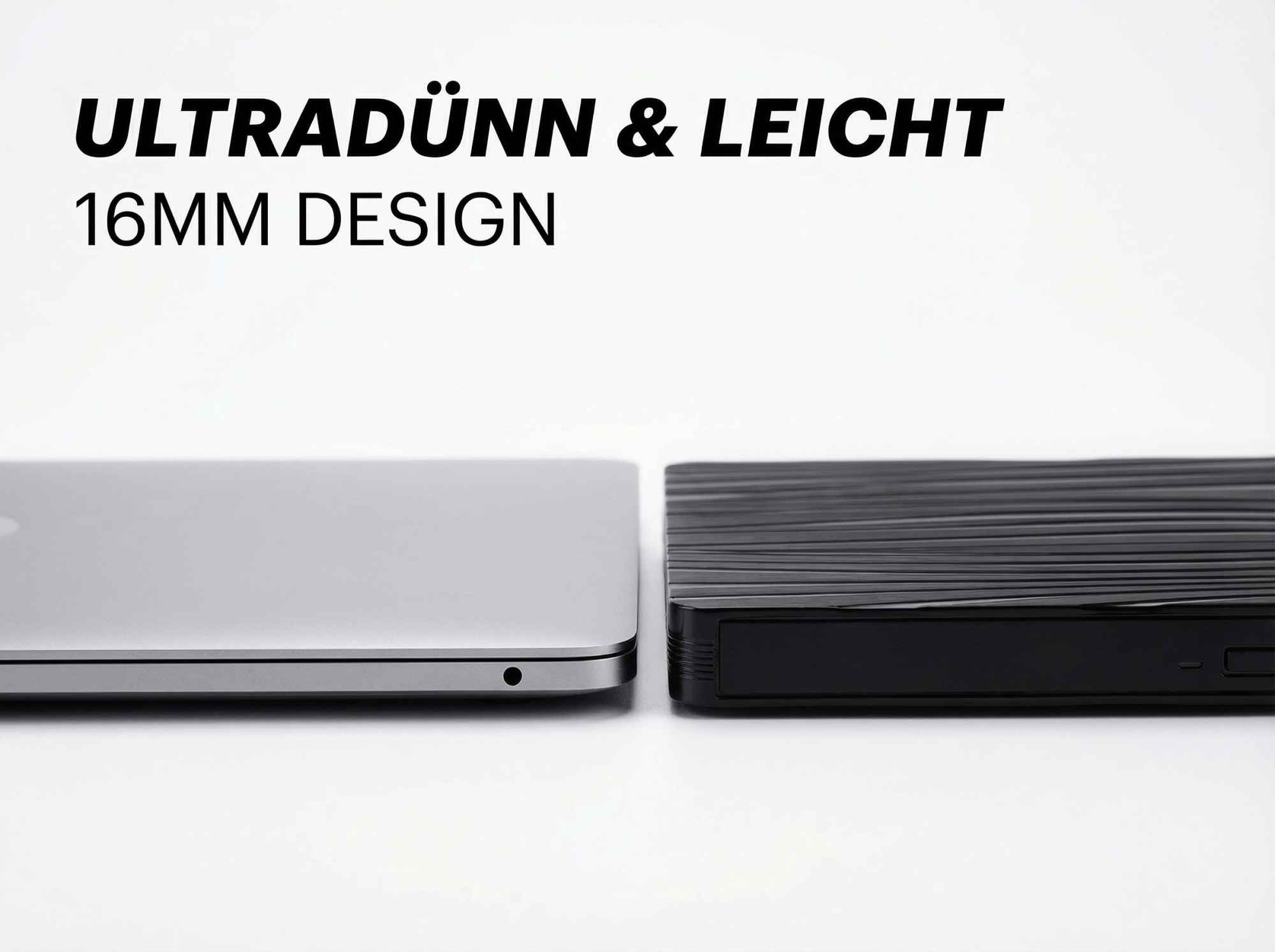 Ein Laptop und ein schwarzes Gerät stehen nebeneinander auf einer weißen Oberfläche. Text: 'ULTRADÜNN & LEICHT'.