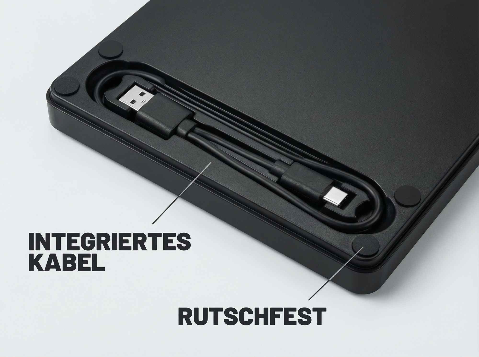 Ein schwarzes Gerät mit integriertem Kabel liegt in einem schwarzen Gehäuse. Die Wörter 'INTEGRIERTES KABEL' und 'RUTSCHFEST' sind sichtbar.