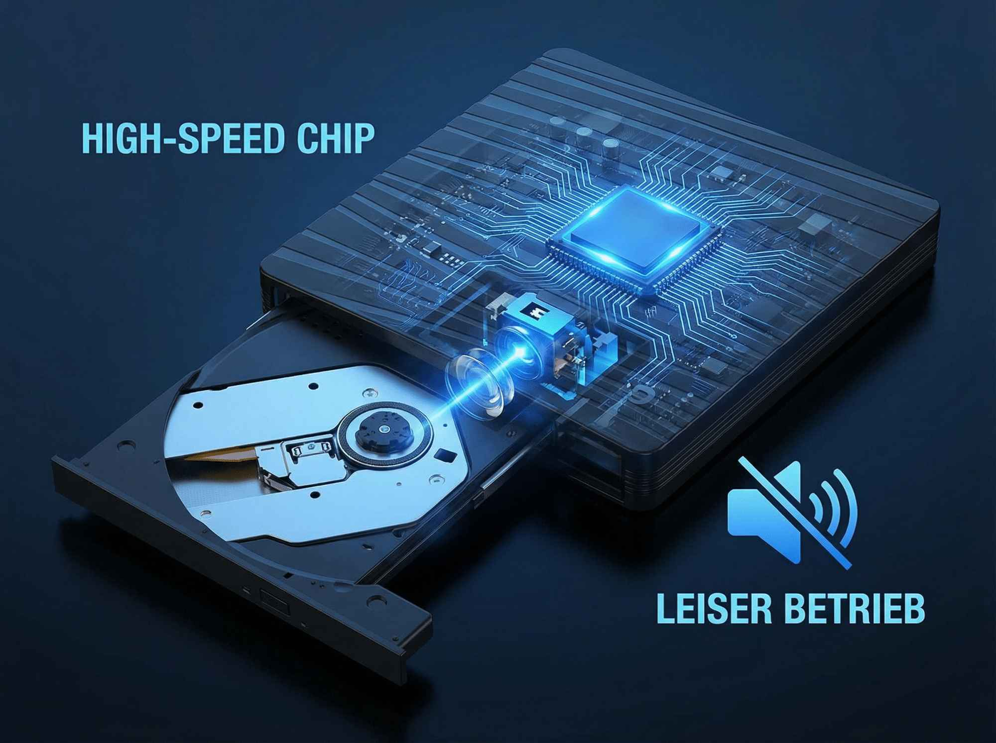 Das Bild zeigt einen Highspeed-Chip mit blauem Lichtstrahl und dem Wort 'LEISER BETRIEB'. Ein Symbol deutet auf leisen Betrieb hin.